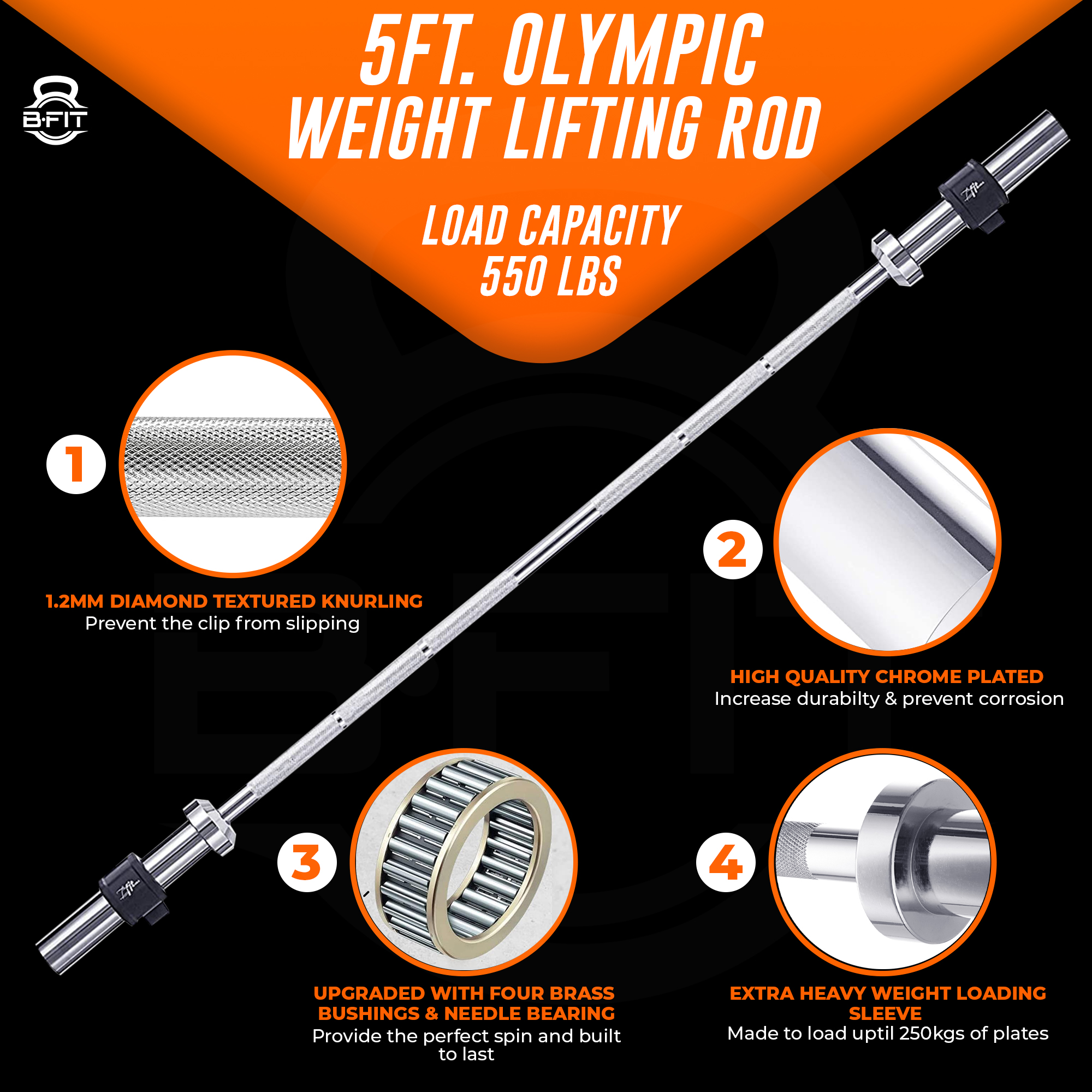 B Fit Olympic Barbell Bar 5-Feet Super Heavy for Weightlifting Power lifting with 2 Olympic Premium Collar Pair