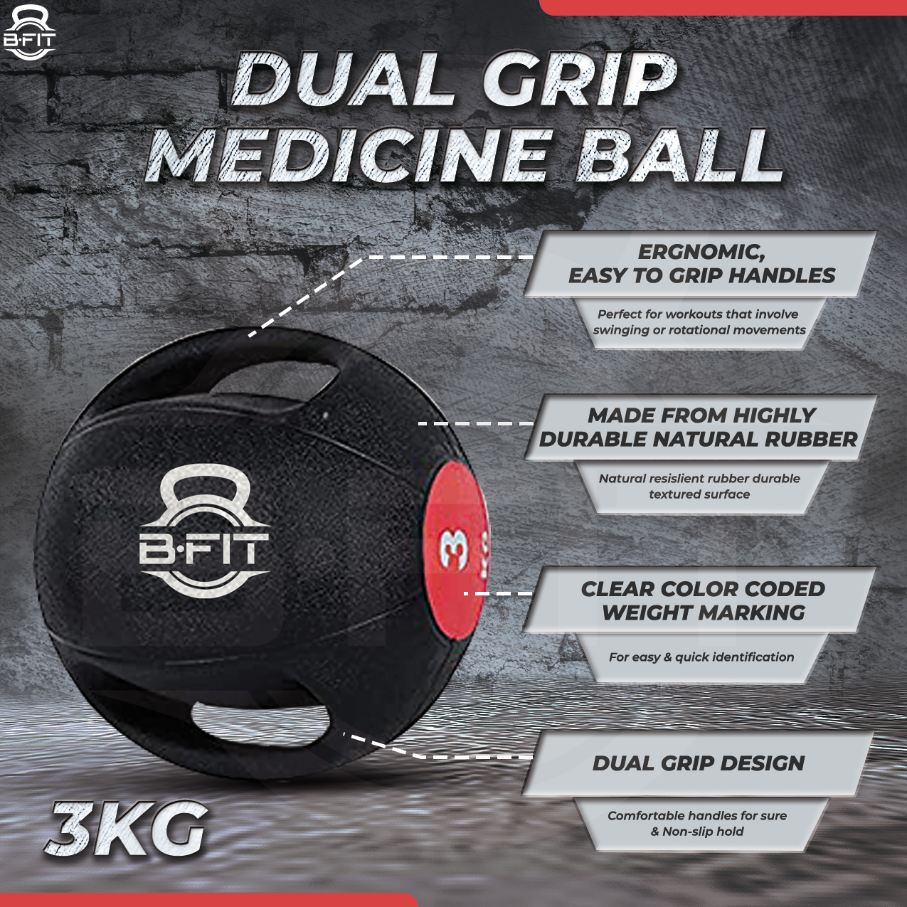 B Fit Dual Grip Medicine Ball 3 Kgs for Fitness Weighted Balance Plyometric Training Muscle Build