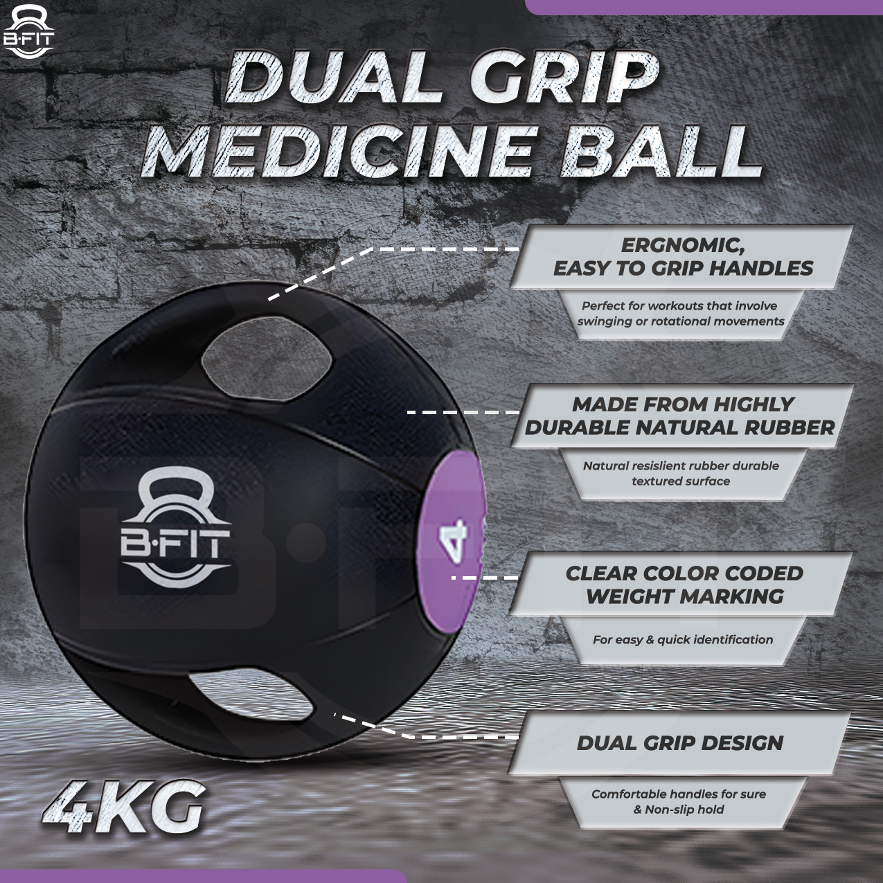 B Fit Dual Grip Medicine Ball 4 Kgs for Fitness Weighted Balance Plyometric Training Muscle Build