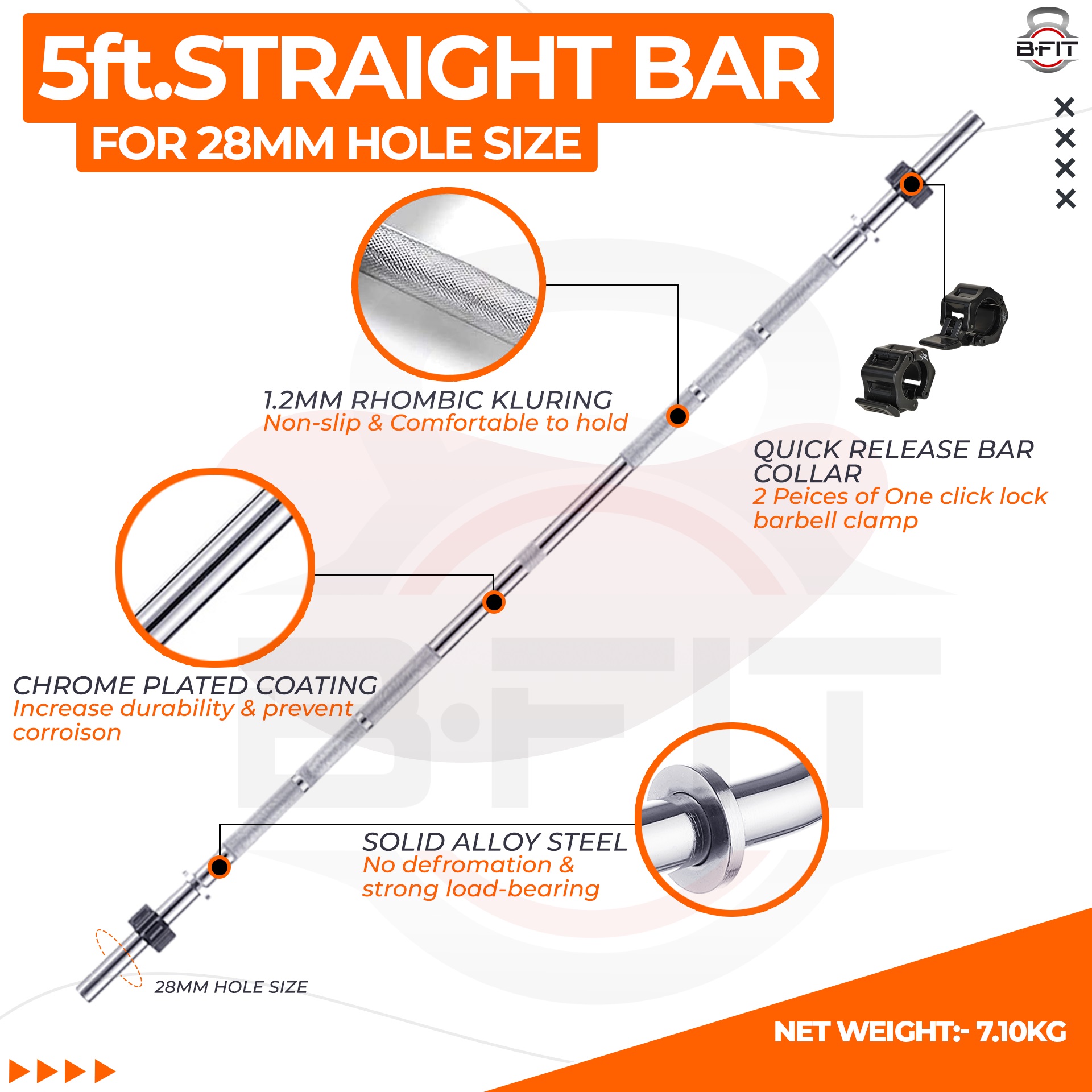 B Fit Weight Lifting Bar 5 Feet Dia 28 MM with Premium Collar pair