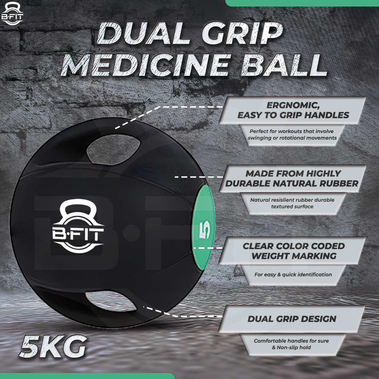 B Fit Dual Grip Medicine Ball 5 Kgs for Fitness Weighted Balance Plyometric Training Muscle Build