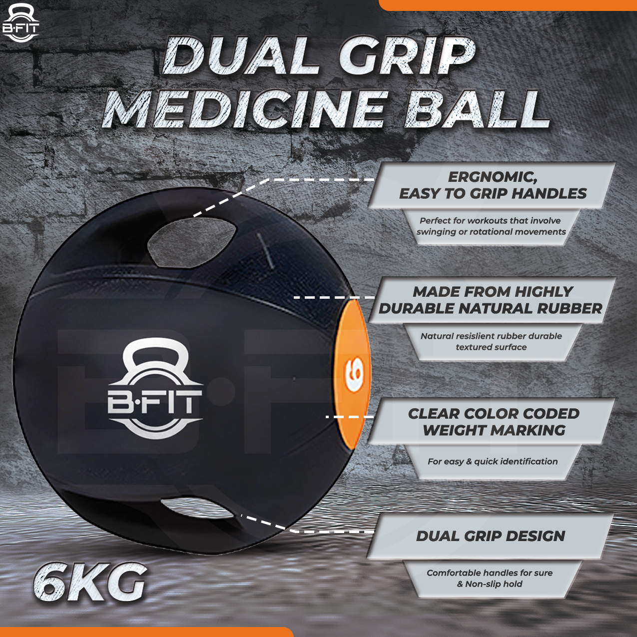 B Fit Dual Grip Medicine Ball 6 Kgs for Fitness Weighted Balance Plyometric Training Muscle Build