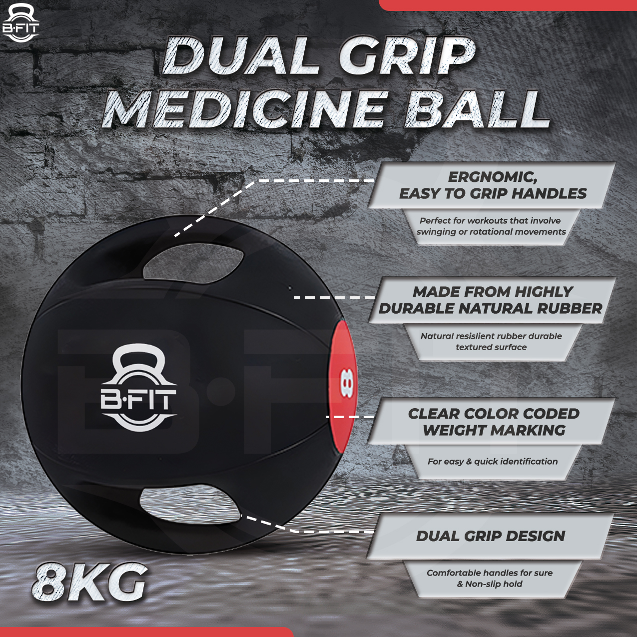B Fit Dual Grip Medicine Ball 8 Kgs for Fitness Weighted Balance Plyometric Training Muscle Build