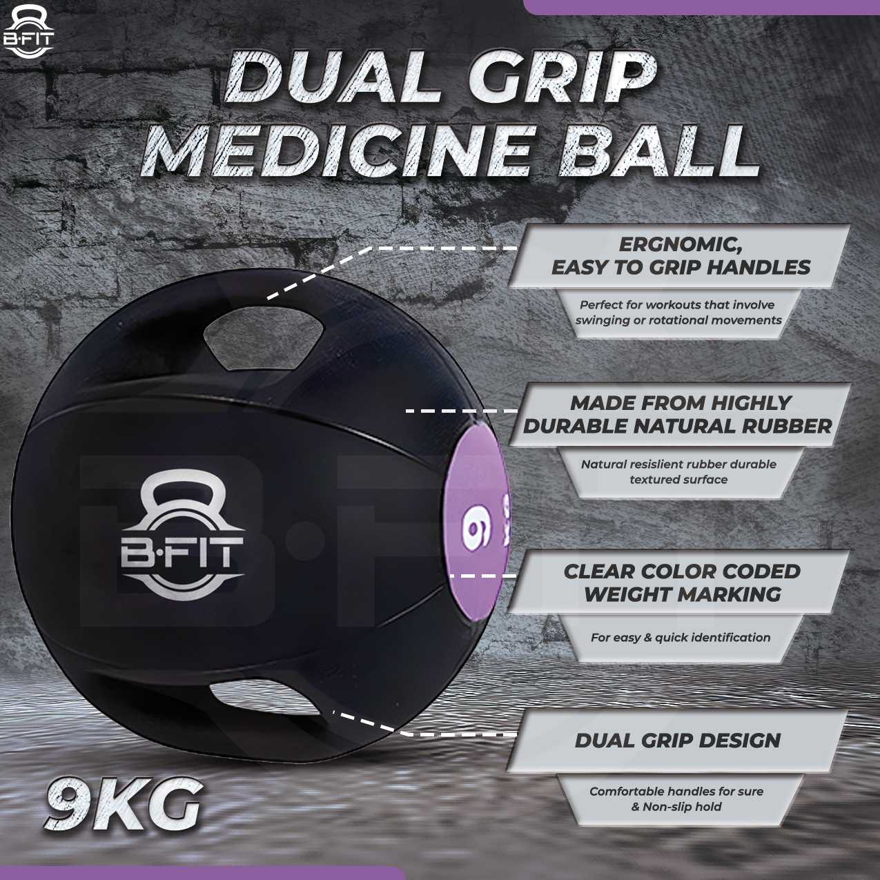 B Fit Dual Grip Medicine Ball 9 Kgs for Fitness Weighted Balance Plyometric Training Muscle Build