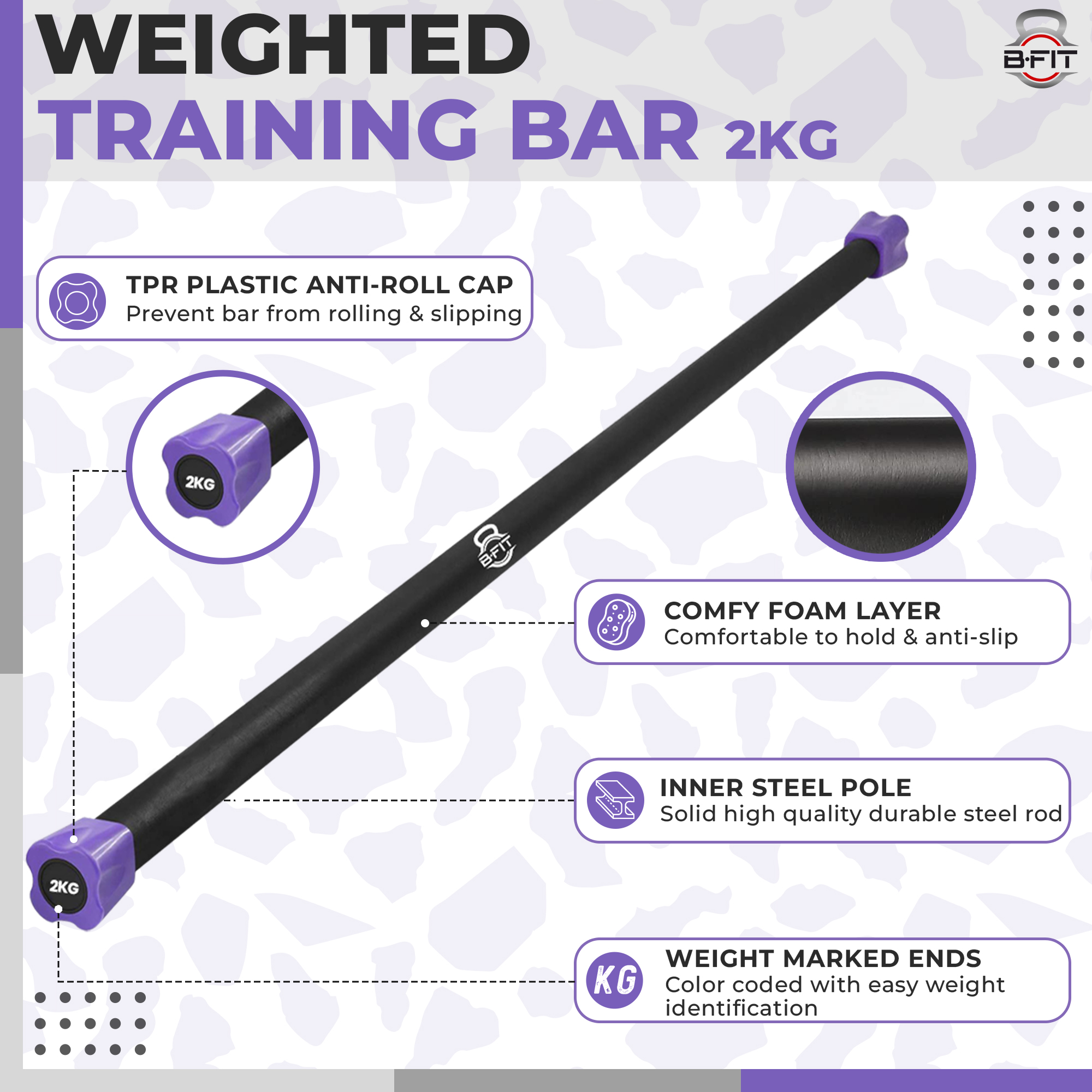 B Fit Weighted Workout Bar 2 Kg - Padded Foam 47 Heavy-Duty Solid Steel Exercise Bar for Physical Therapy Aerobics Yoga Pilates - Premium Equipment