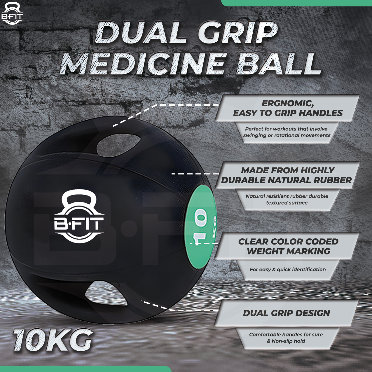 B Fit Dual Grip Medicine Ball 10 Kgs for Fitness Weighted Balance Plyometric Training Muscle Build
