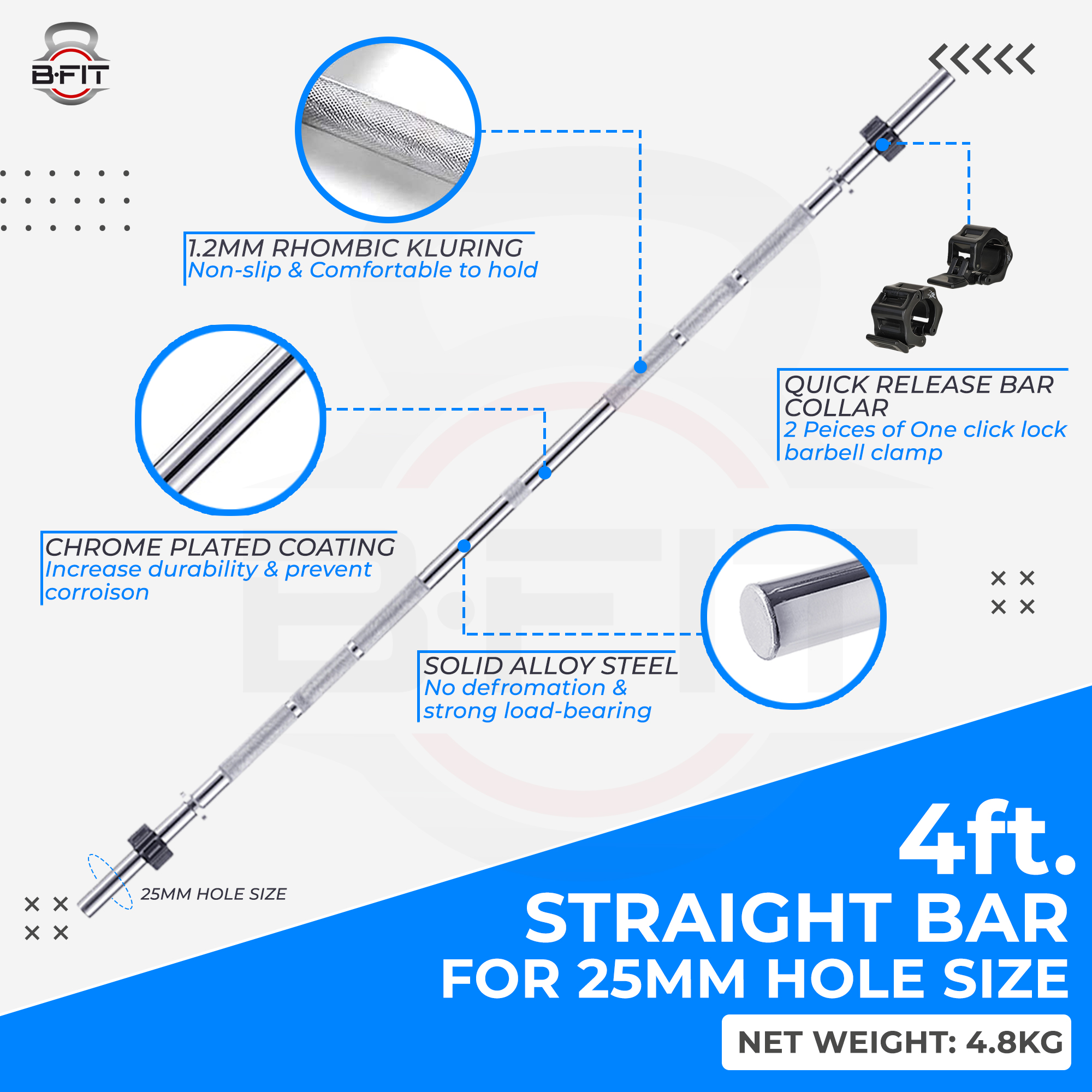 B Fit Weight Lifting Bar 4 Feet Dia 25 MM with Premium Collar pair