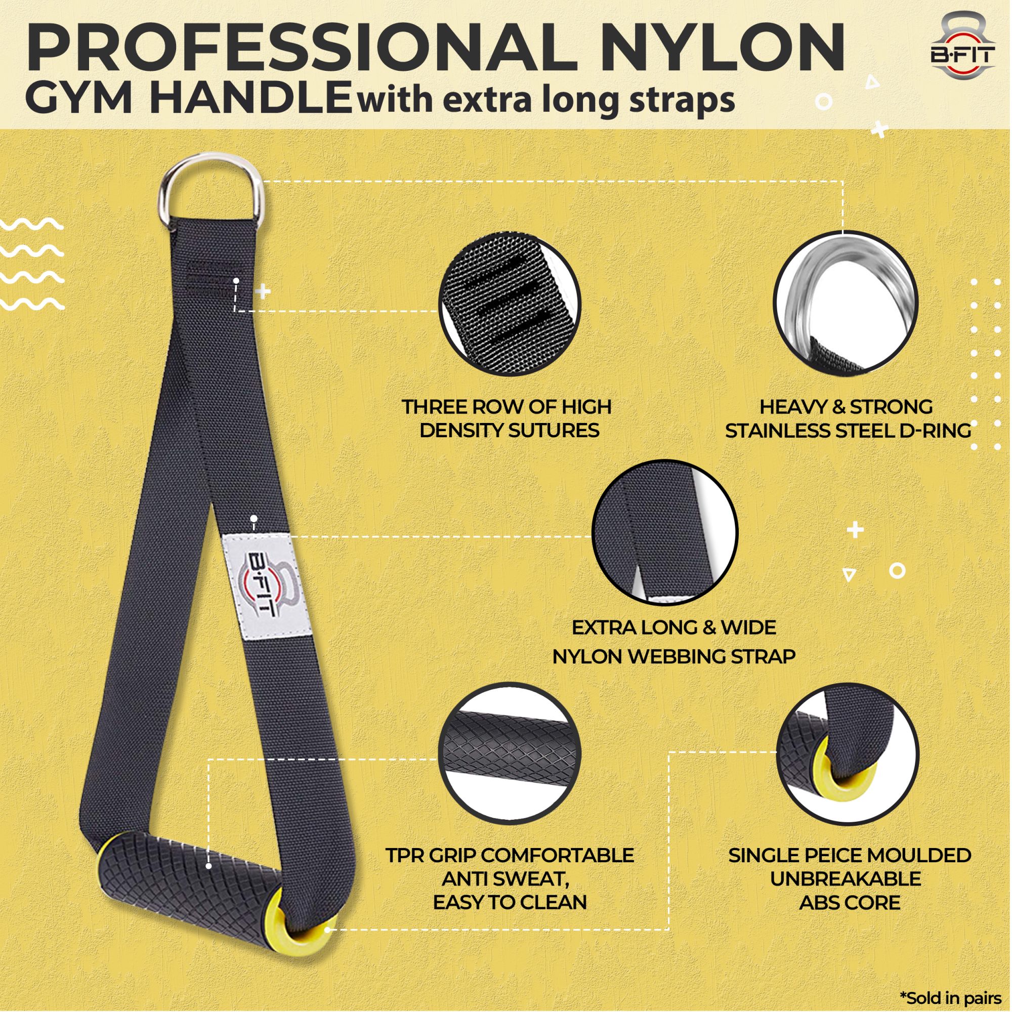 B Fit Heavy Duty Nylon Gym Handle with long strap Pair