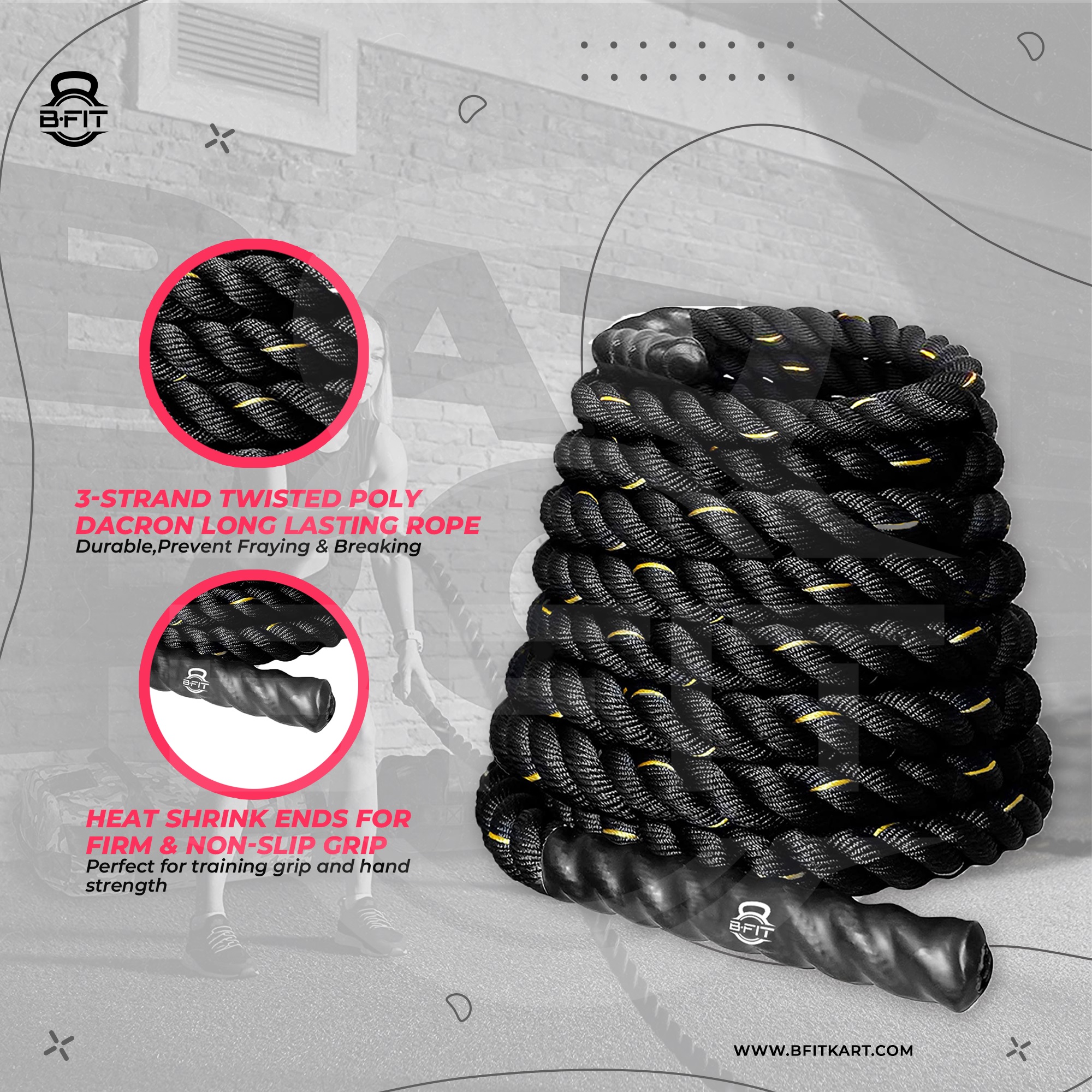 B Fit Battle Rope Length 40 Feet 15 Thick with Anchor Kit Full Body Workout Equipment to Lose Fat Boost Strength Fast Efficient Heavy Rope