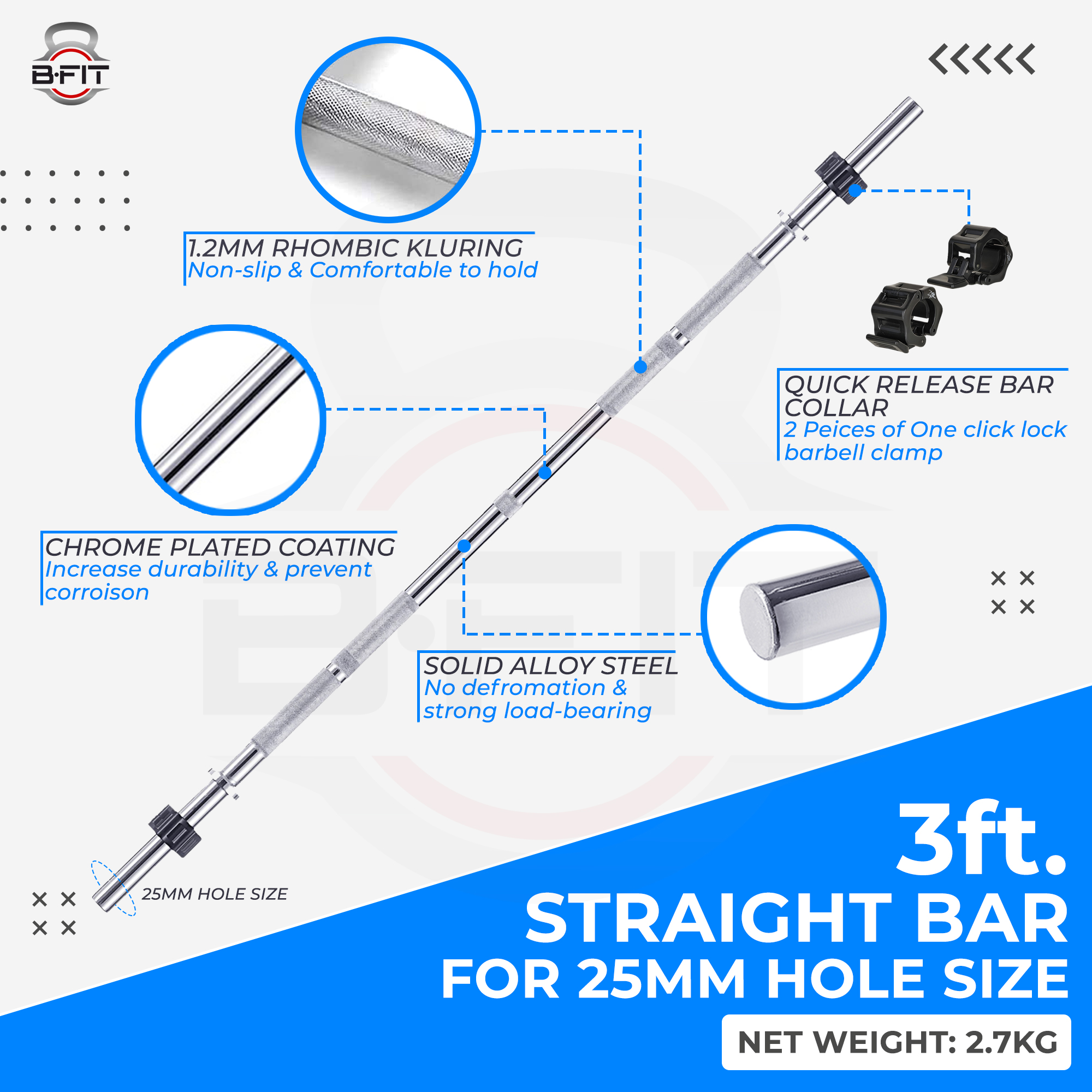 B Fit Weight Lifting Bar 3 Feet Dia 25 MM with Premium Collar pair