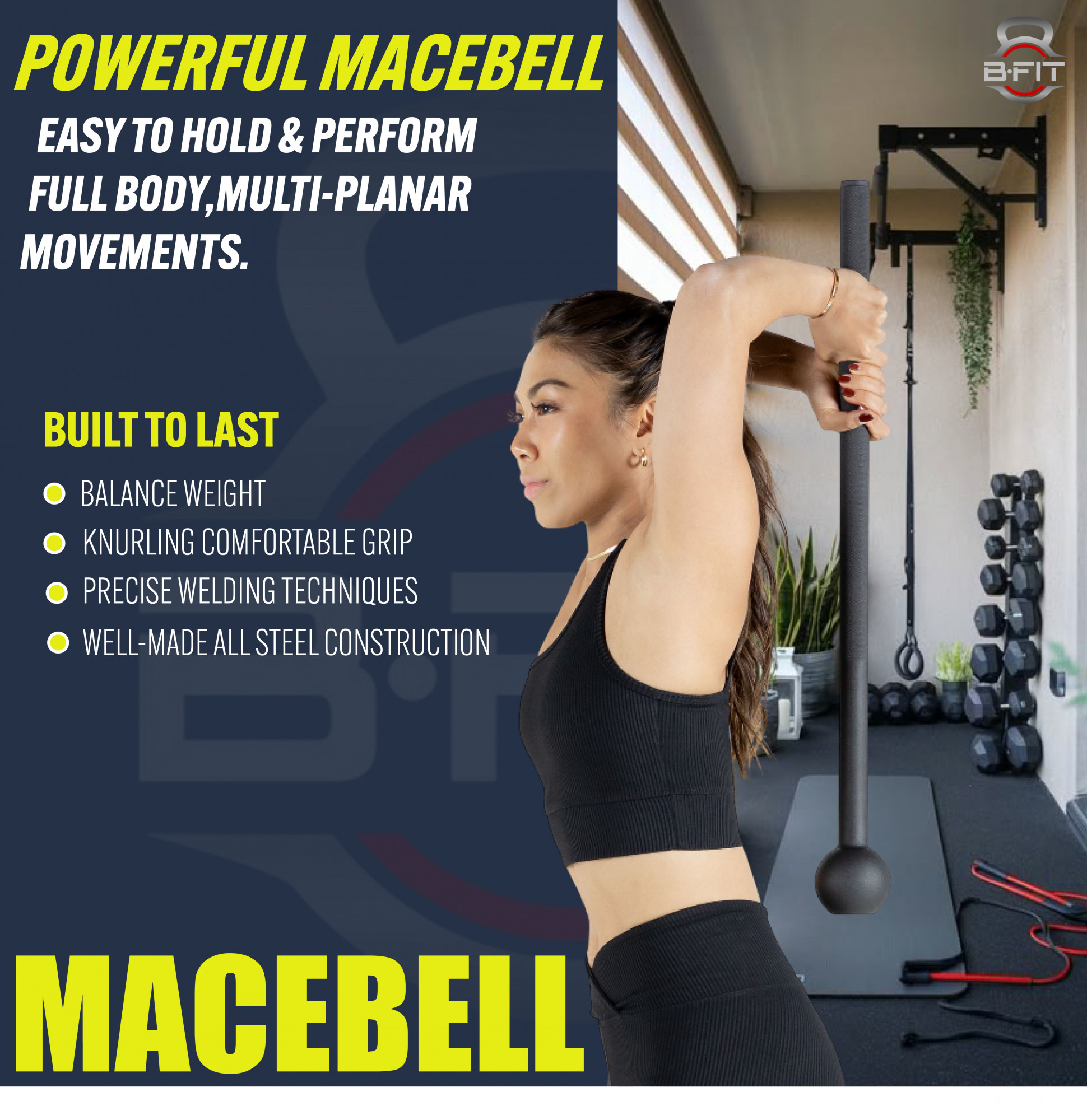 B Fit Steel 4 Kg Mac Bell for Strength Training Support Full Body Muscles Shoulder Grips Forearms Workouts Stretching