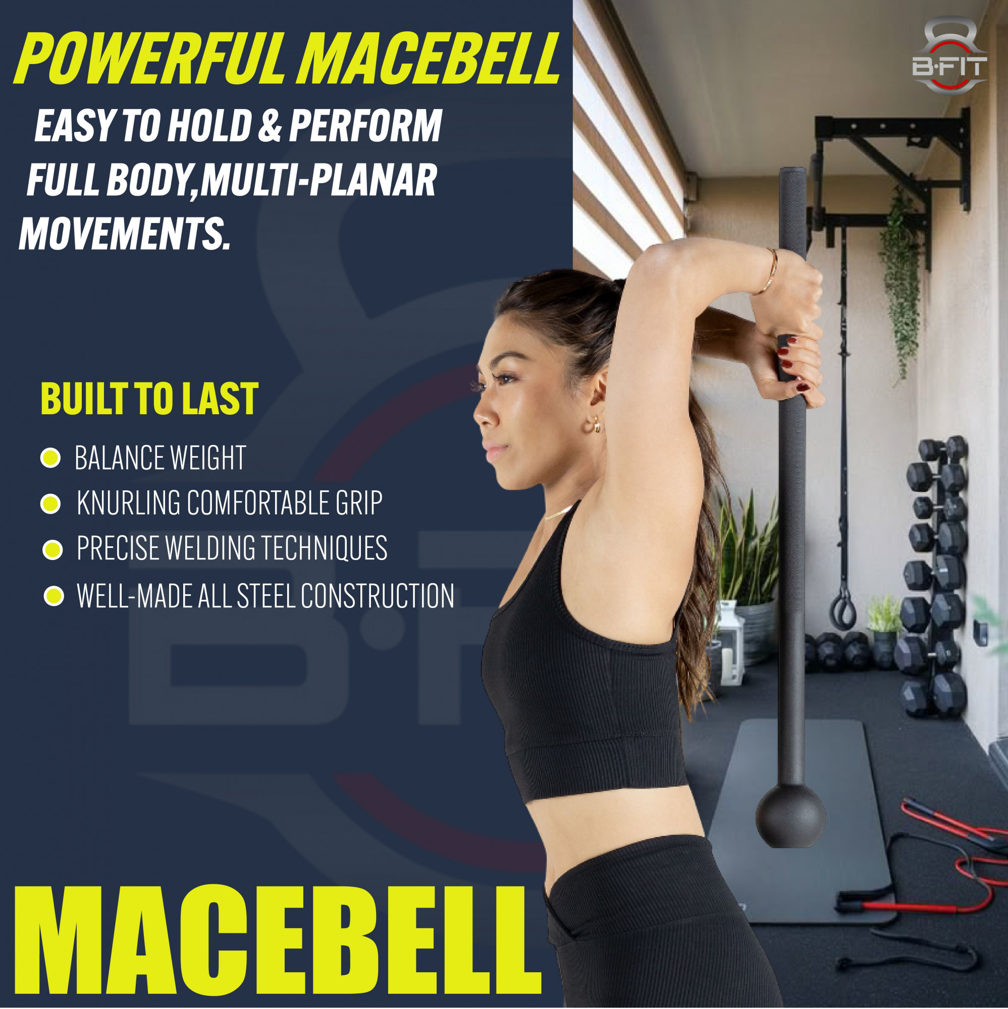B Fit Steel 20 Kg Mac Bell for Strength Training Support Full Body Muscles Shoulder Grips Forearms Workouts Stretching