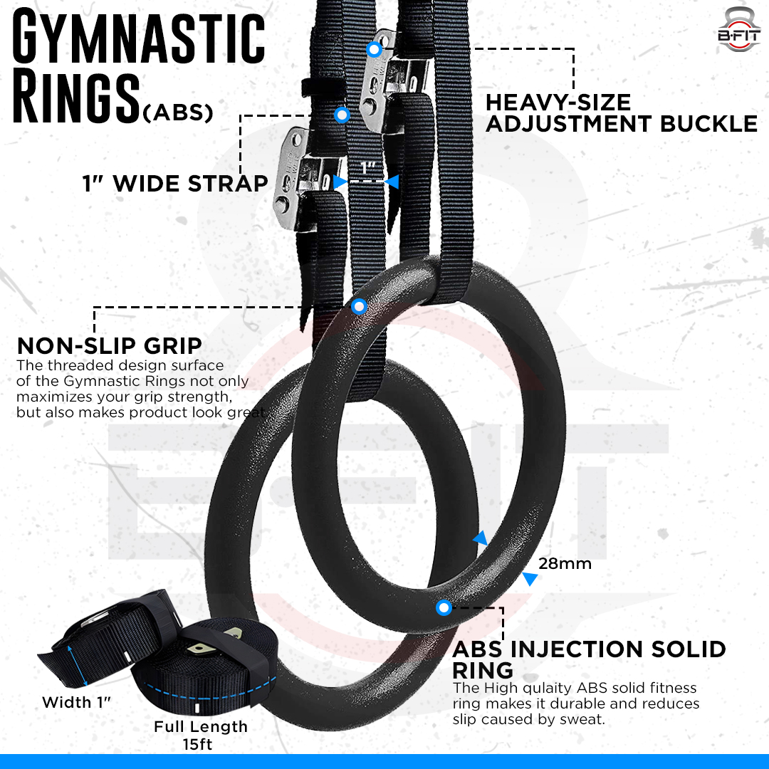 B Fit Gymnastic RingsOlympic Gym Rings with Heavy Duty Adjustable Straps for GymCross TrainingStrength TrainingPull Ups and Dips