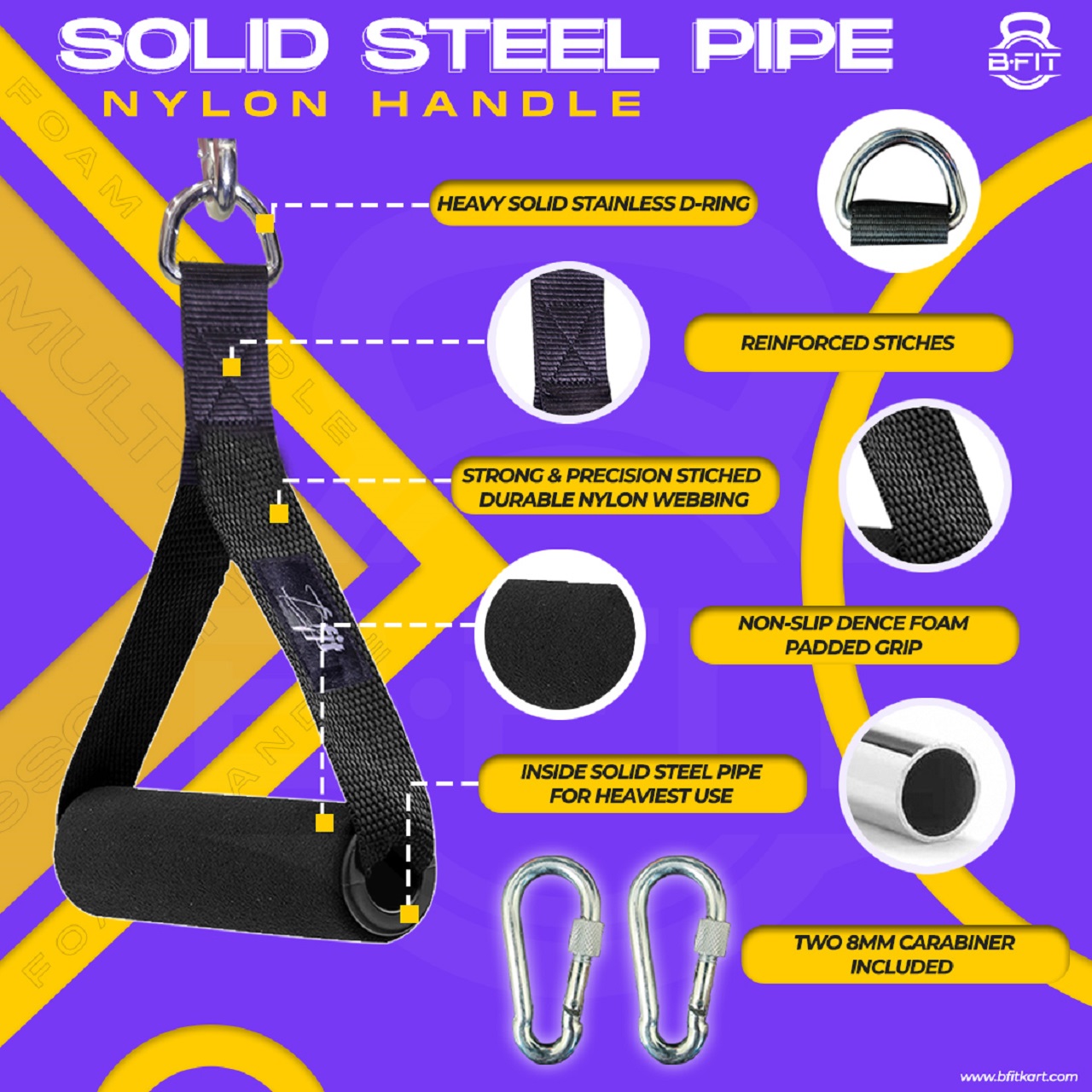 B Fit Heavy Duty Nylon Gym Handle with steel pipe and snap hooks 8MM Pair