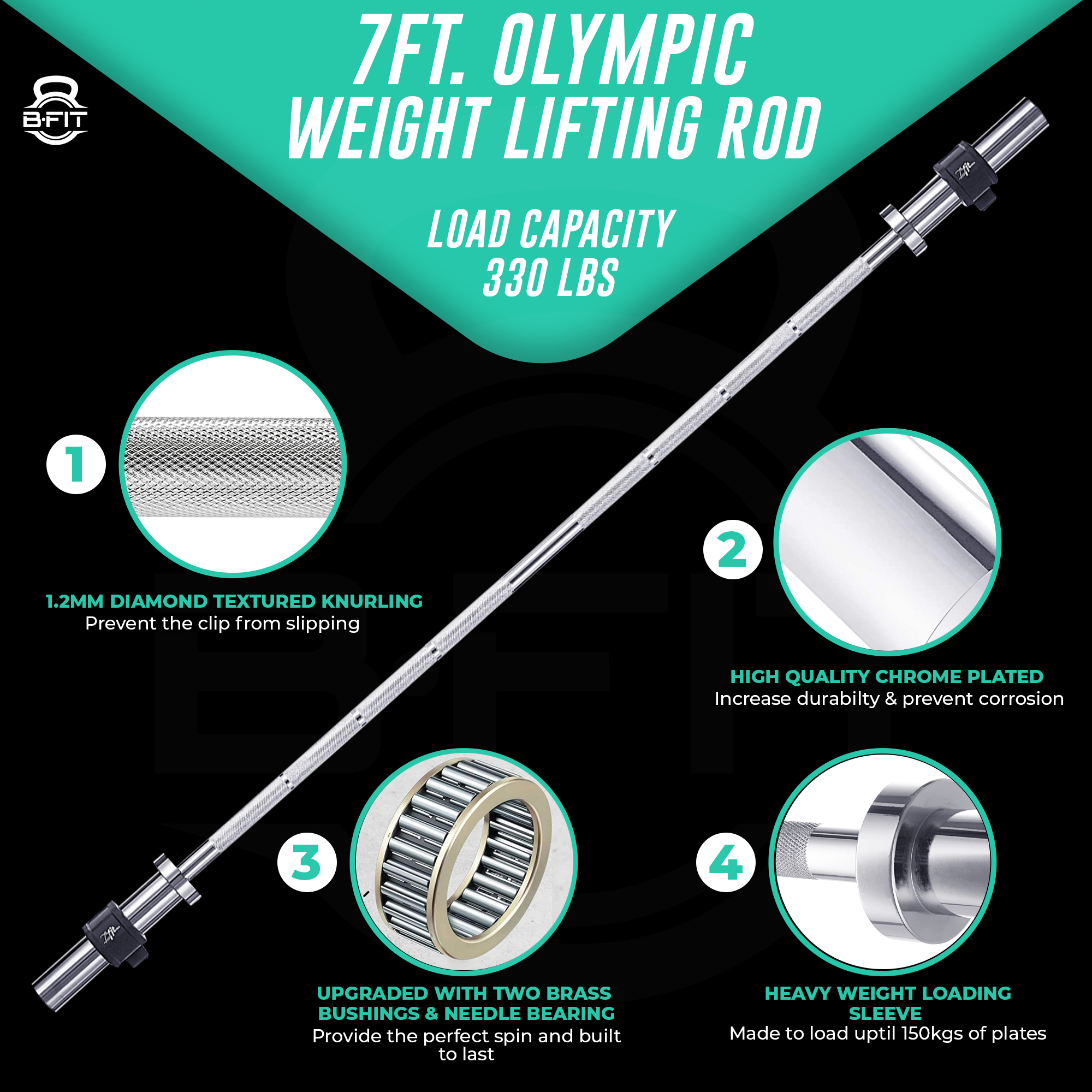 B Fit Olympic Barbell Bar 7-Feet for Weightlifting Power lifting with 2 Olympic Premium Collar Pair