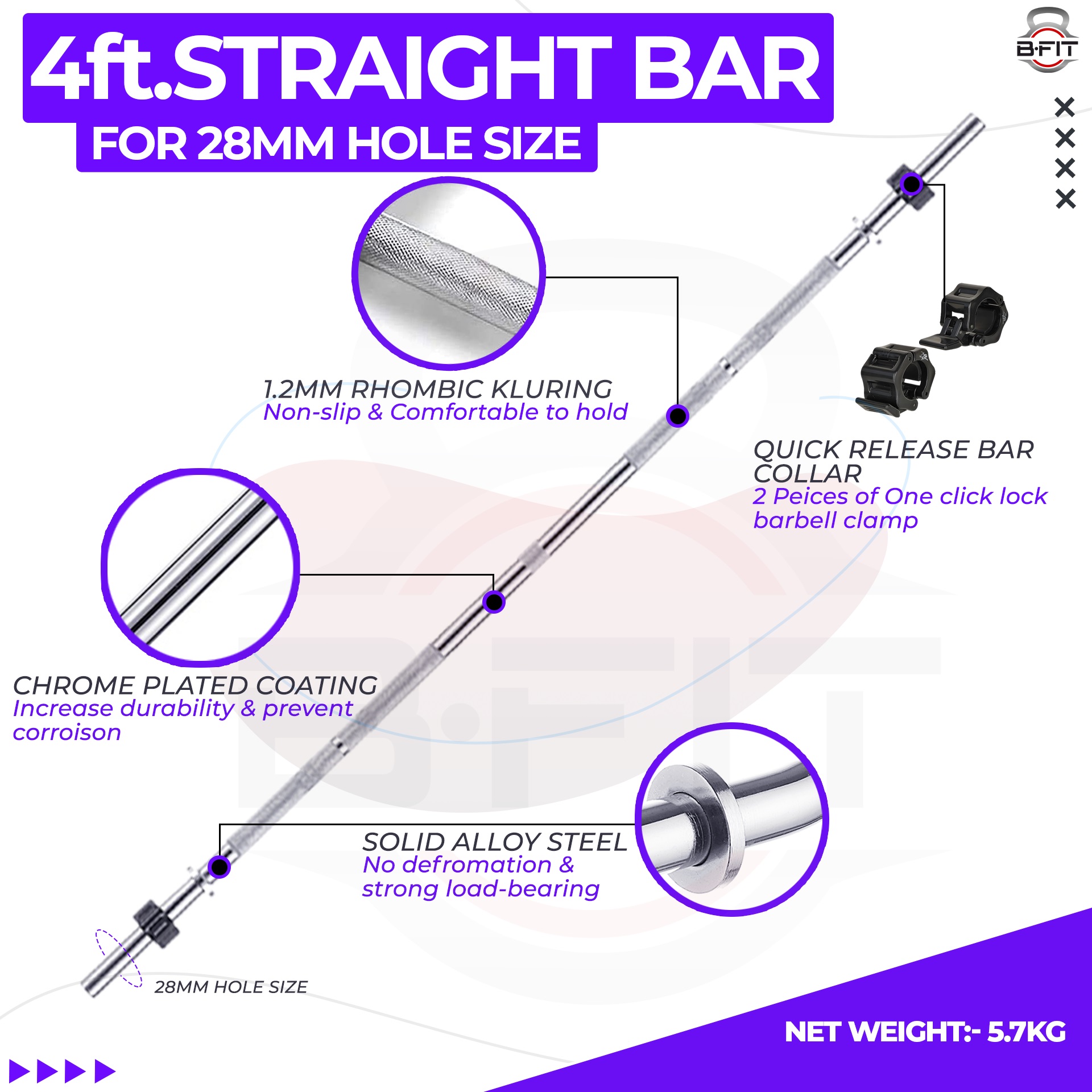 B Fit Weight Lifting Bar 4 Feet Dia 28 MM with Premium Collar pair