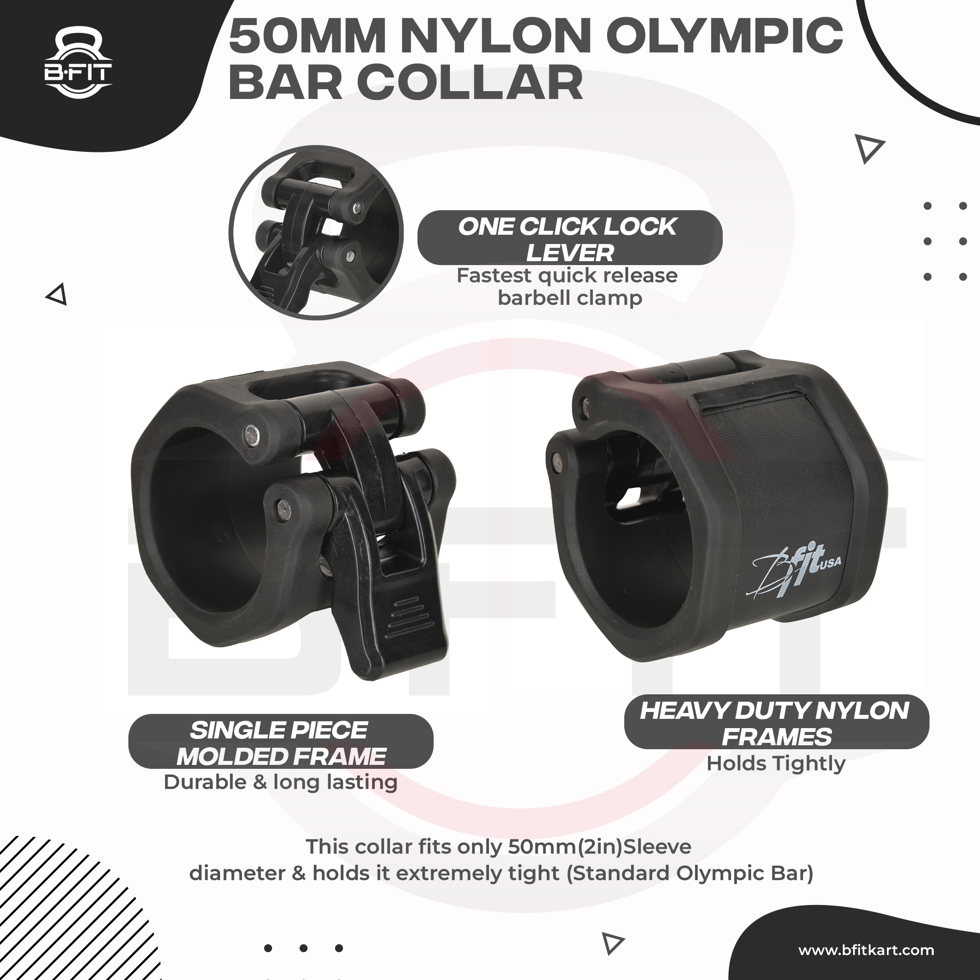 B Fit Pro-style 2 50 MM Olympic Barbell Collar - Quick Release Barbell Clamp Pair Color Black