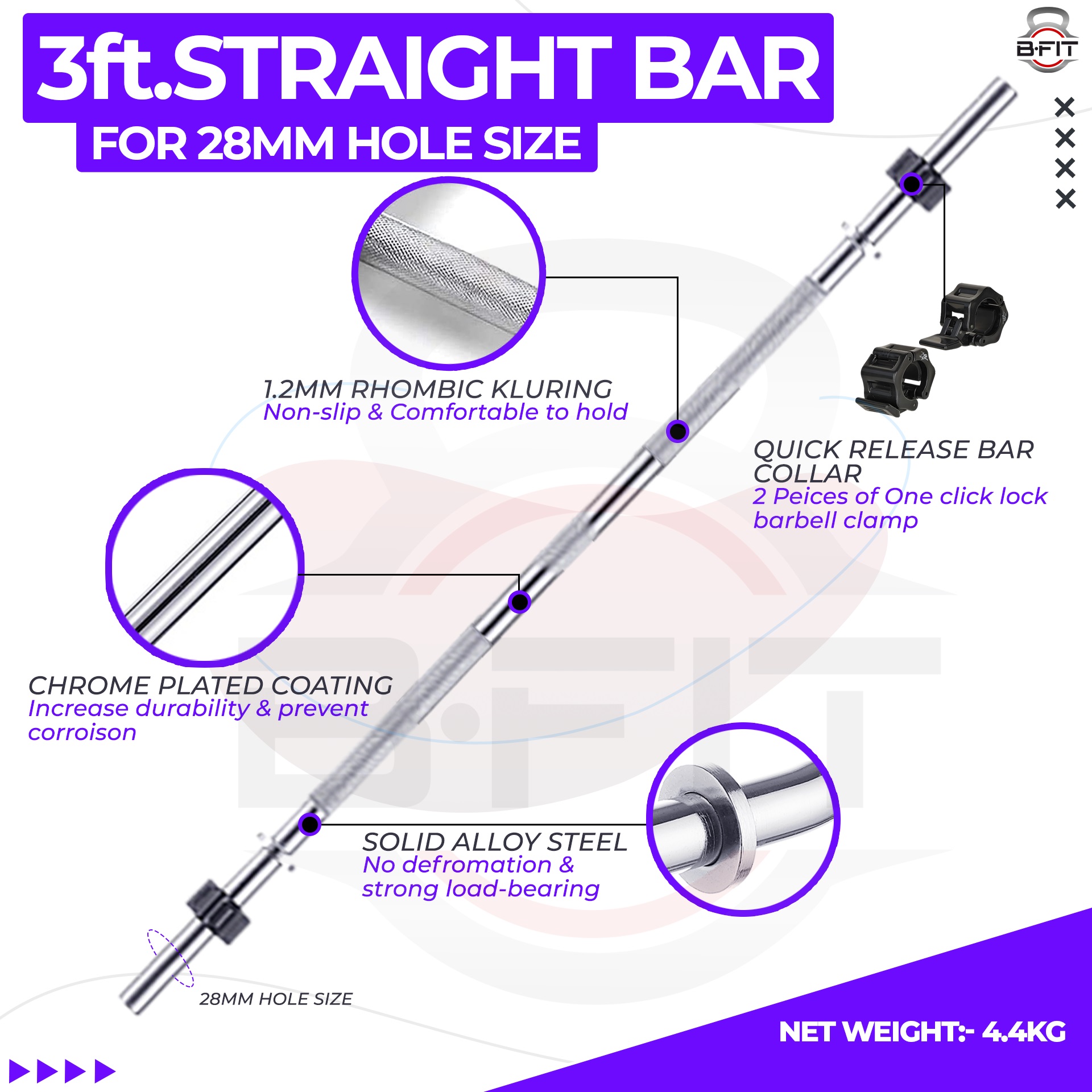 B Fit Weight Lifting Bar 3 Feet Dia 28 MM with Premium Collar pair