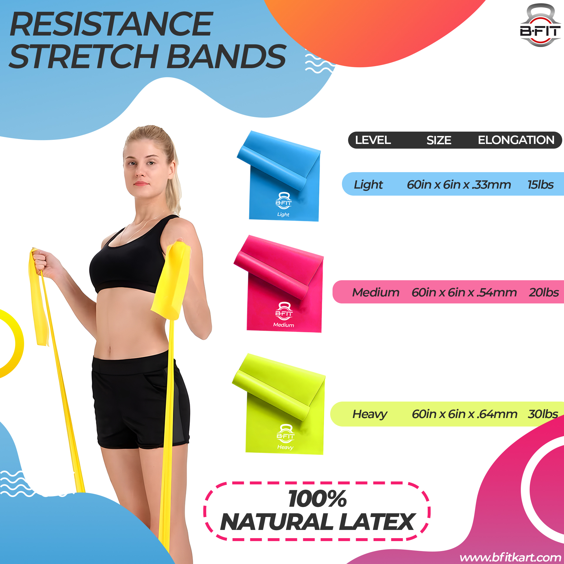 B Fit Exercise Rubber Stretch Resistance Bands Set of 3 -Men Women Home Gym Fitness Equipment for Physical Therapy Pilates Stretch Yoga Strength Training Workout