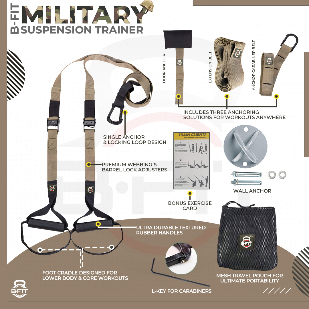 B Fit All-in-One Suspension Trainer - P3 Pro- Military Home-Gym System Kit with Additional Mount Anchor Bracket