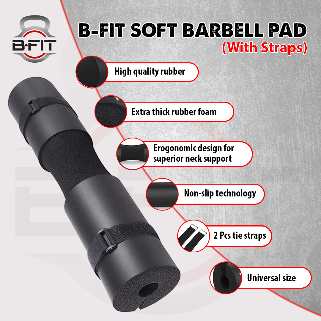 B Fit Barbell Squat Pad with Strap - Neck  Shoulder Protective Pad - Great for Squats Lunges Hip Thrusts Weight Lifting  More - Fit Standard and Olympic Bars Perfectly