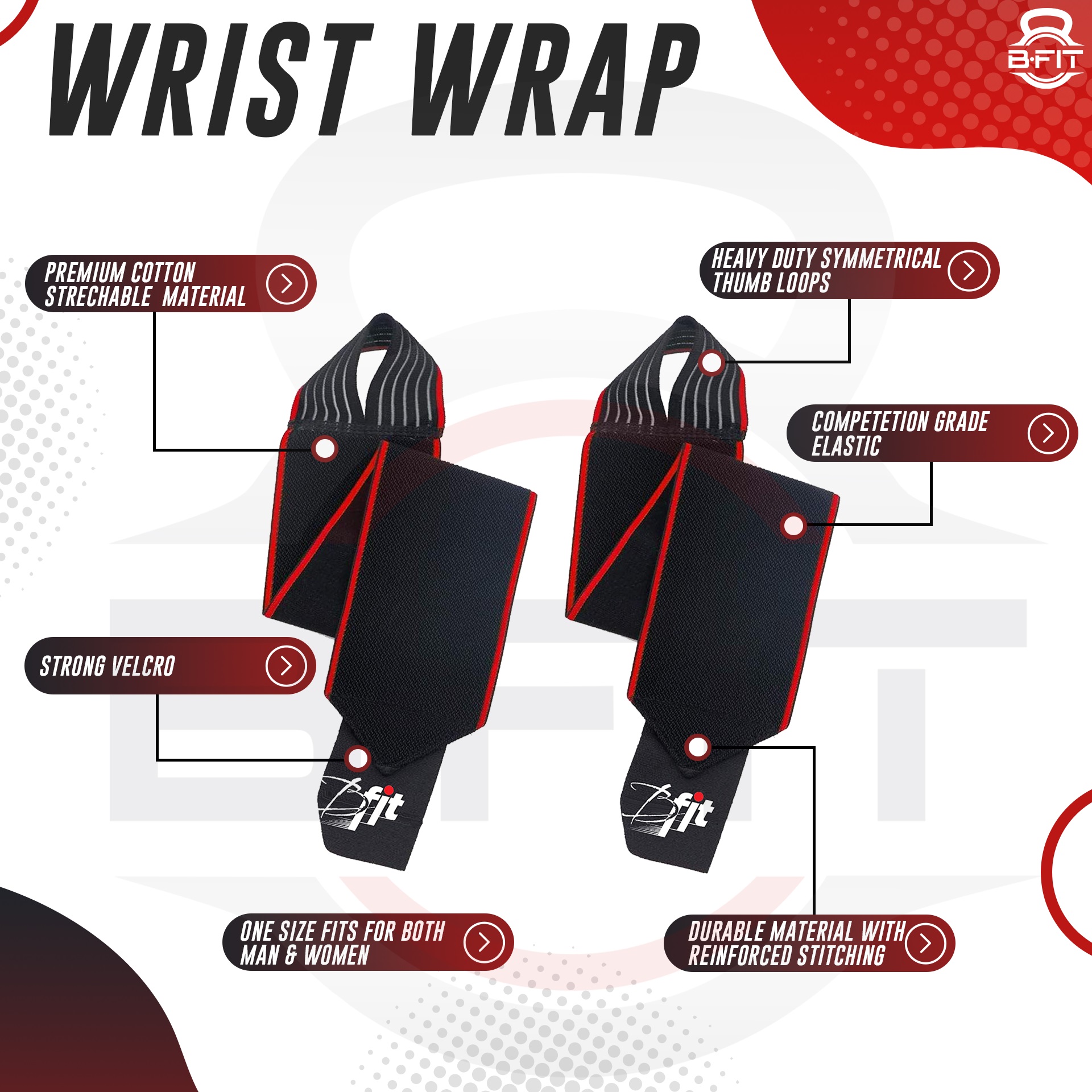 B Fit Pair of Weightlifting Support Straps with Thumb Loops - Heavy Duty Wrist Wraps Support Braces for Gym Weight TrainingPowerlifting Strength Fitness Training