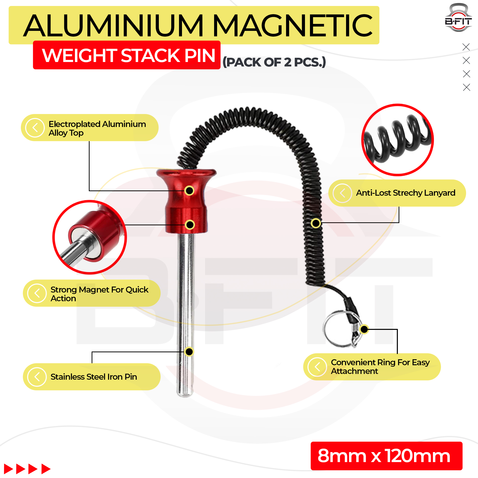 B FIT Pack of 2 Pin Tensile - Magnetic Universal Weight Stack Replacement SELECTOR Key - Size Dia 8 MM 120 MM Locking Space