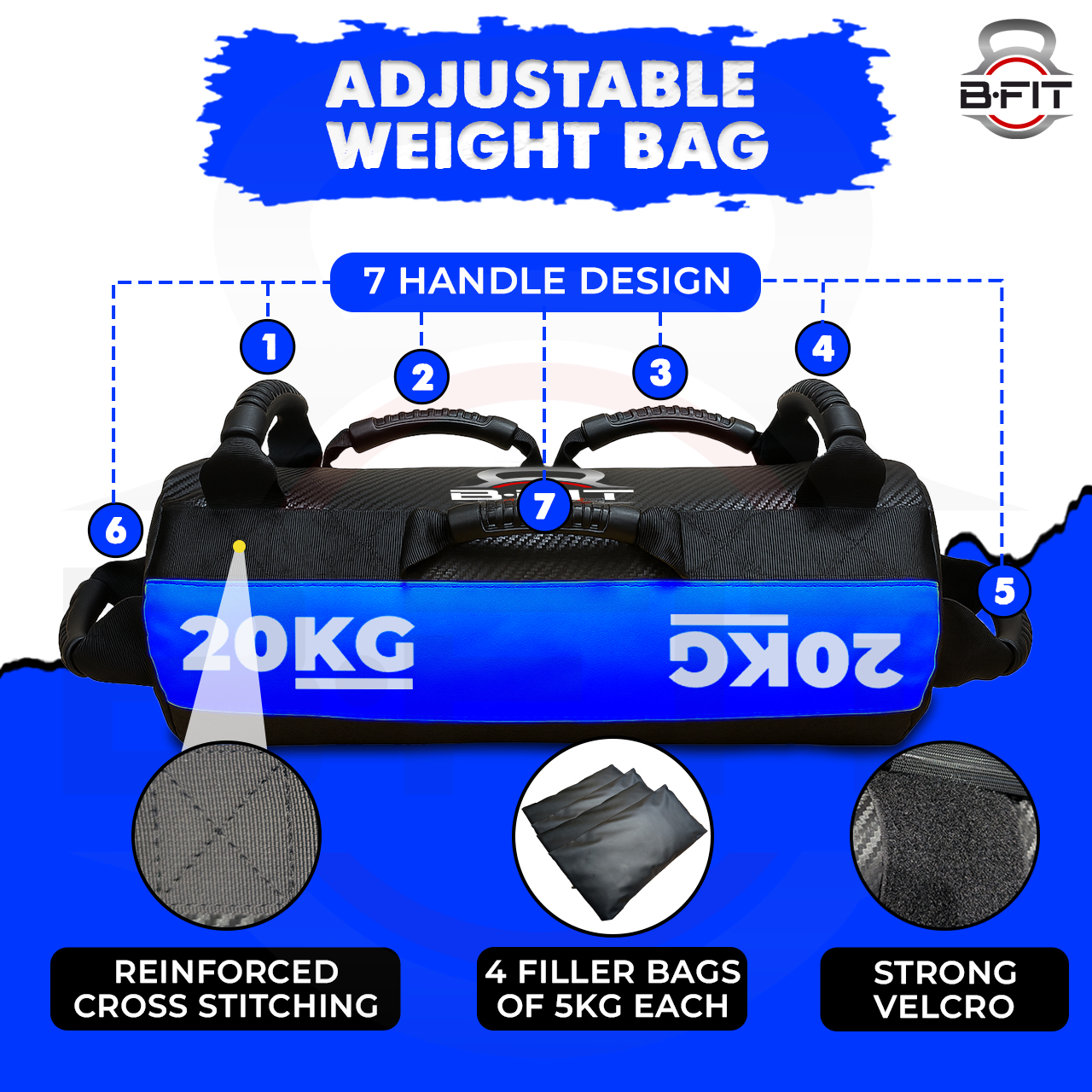 B Fit Sandbag for Fitness Weights Training filled Power Bags with Handles Adjustable Weighted Slam Bag for Strength Powerlifting Running Heavy Workout Home Gym Exercise 20 Kg