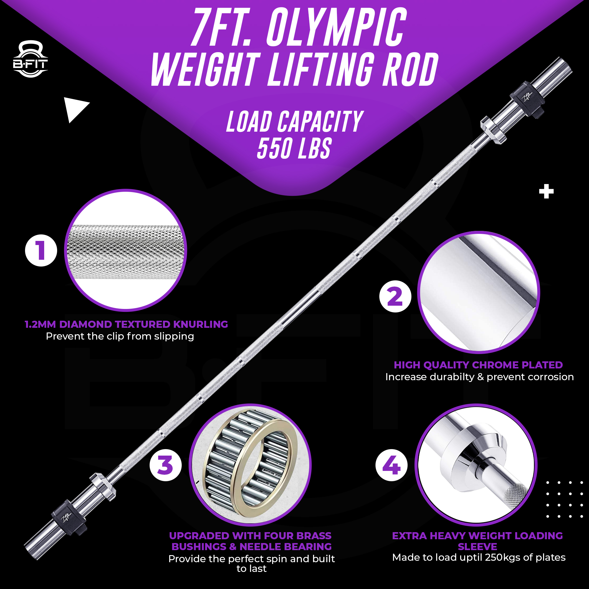 B Fit Olympic Barbell Bar 7-Feet Super Heavy for Weightlifting Power lifting with 2 Olympic Premium Collar Pair