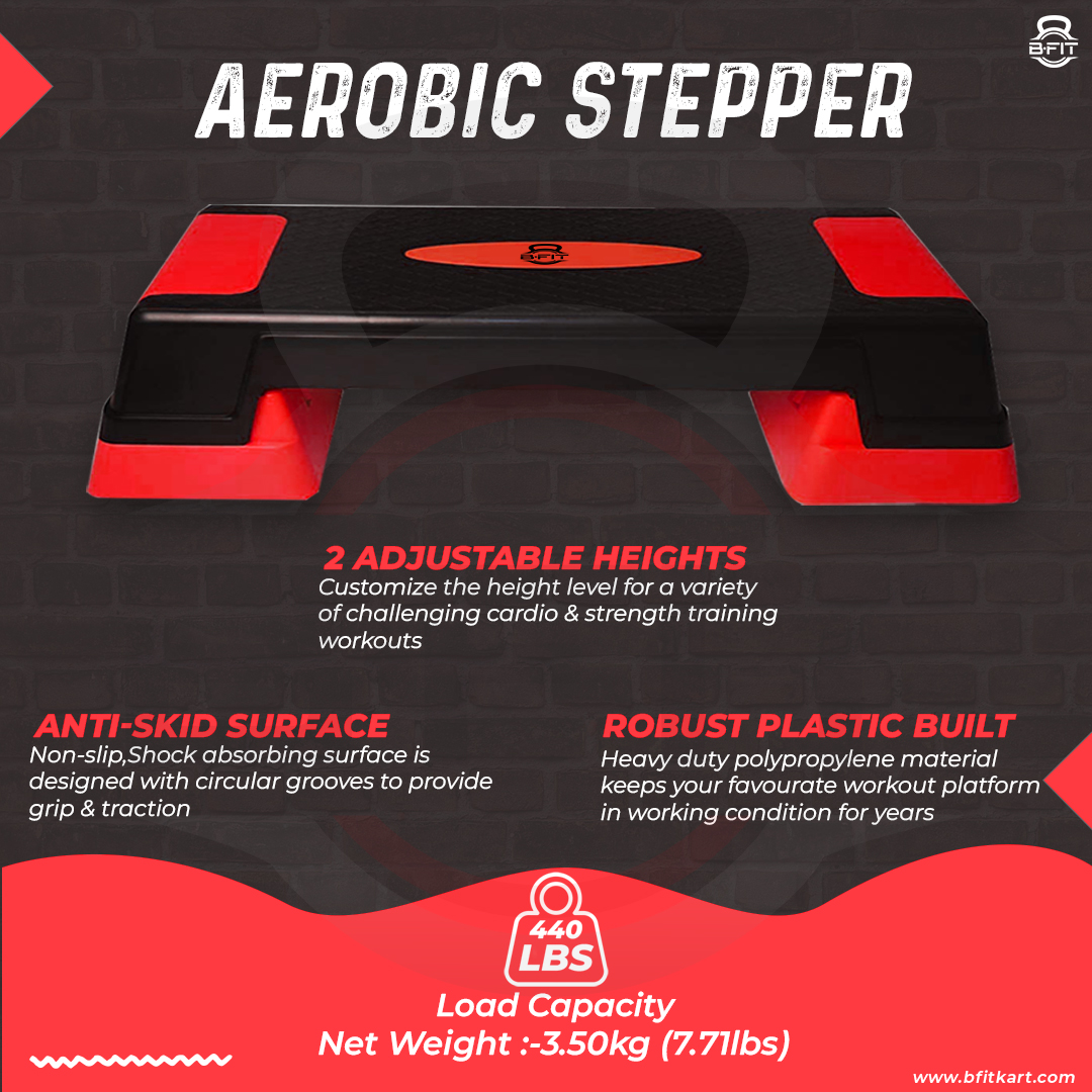 B Fit Big Size Aerobic Step - 2 Levels Height Adjustable 68 inch Color Red and Black Non Slip Rubber Surface 200 kg Max - Fitness Stepper Board