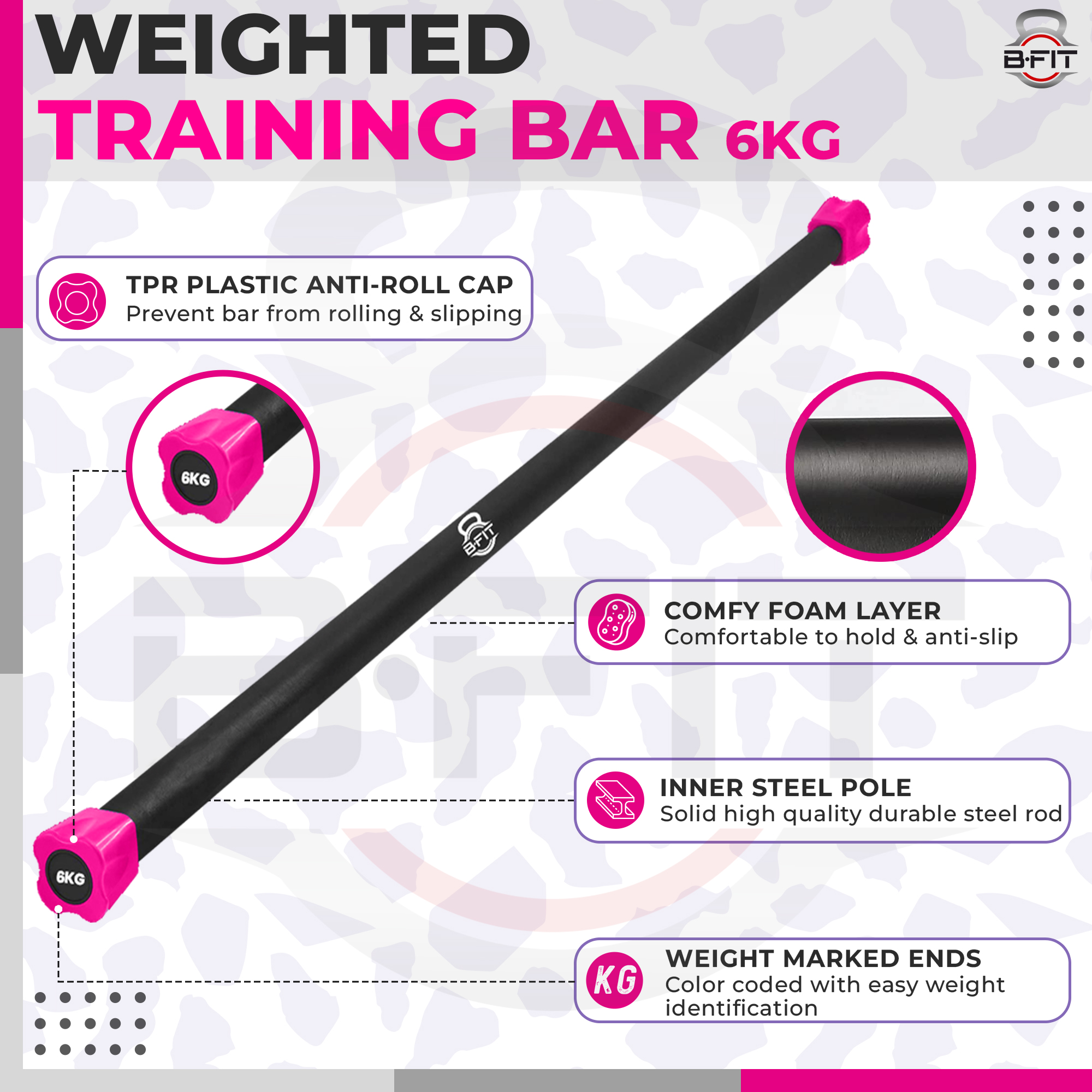 B Fit Weighted Workout Bar 6 Kg - Padded Foam 47 Heavy-Duty Solid Steel Exercise Bar for Physical Therapy Aerobics Yoga Pilates - Premium Equipment