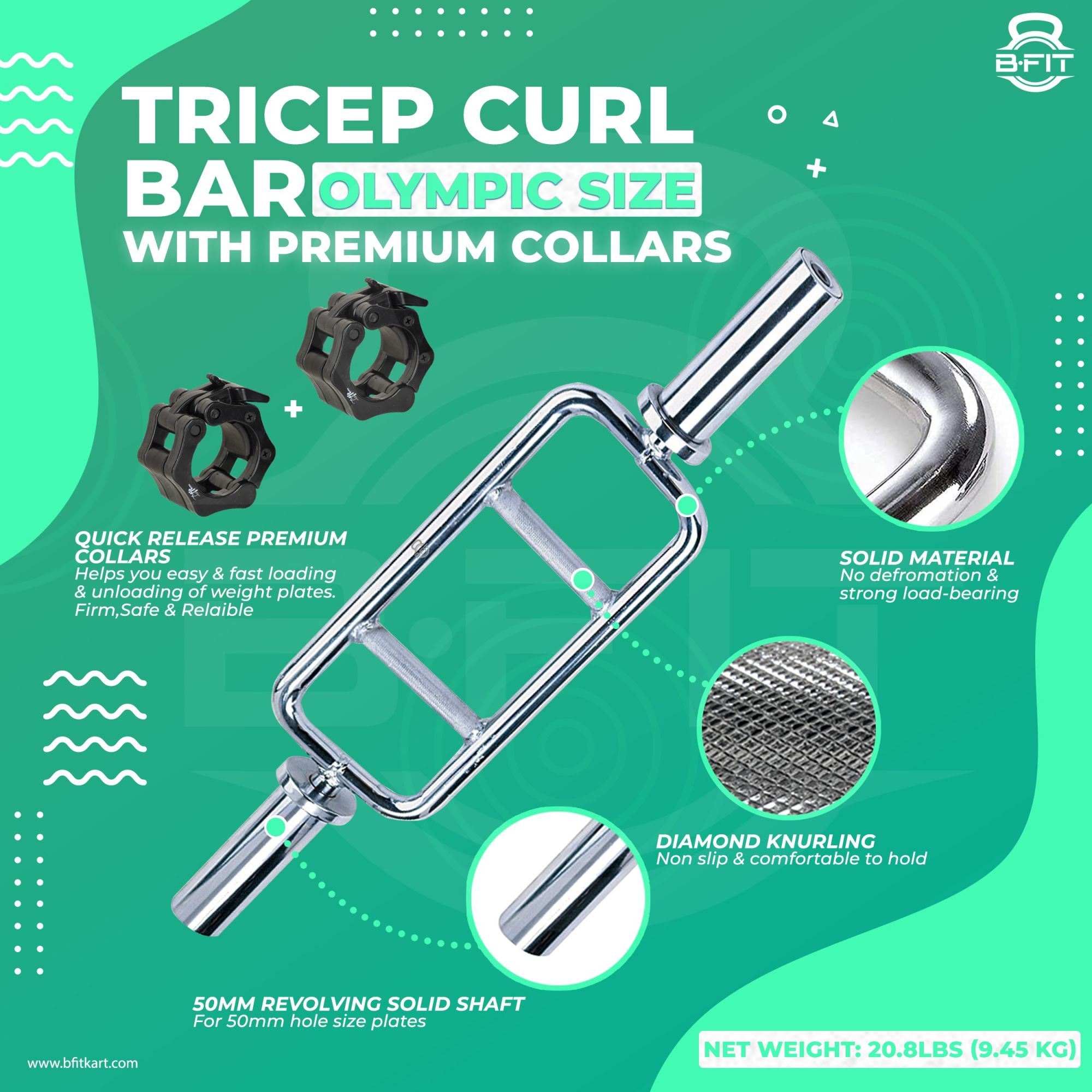B fit Tricep Curl bar Olympic Size 50 MM Collar Pair included