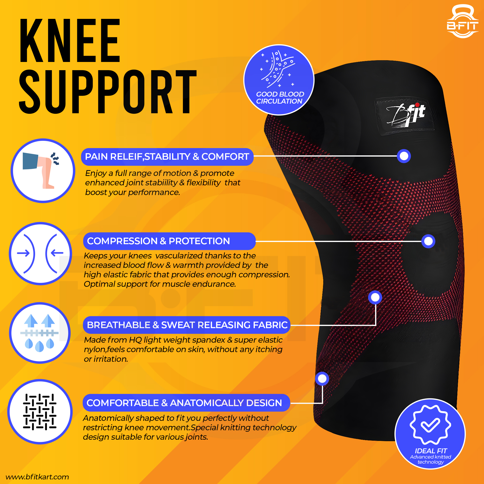 B Fit Knee Compression Sleeve One Pair Size Large - Best Knee Brace for Men Women Knee Support for Running Basketball Weightlifting Gym Workout Sports