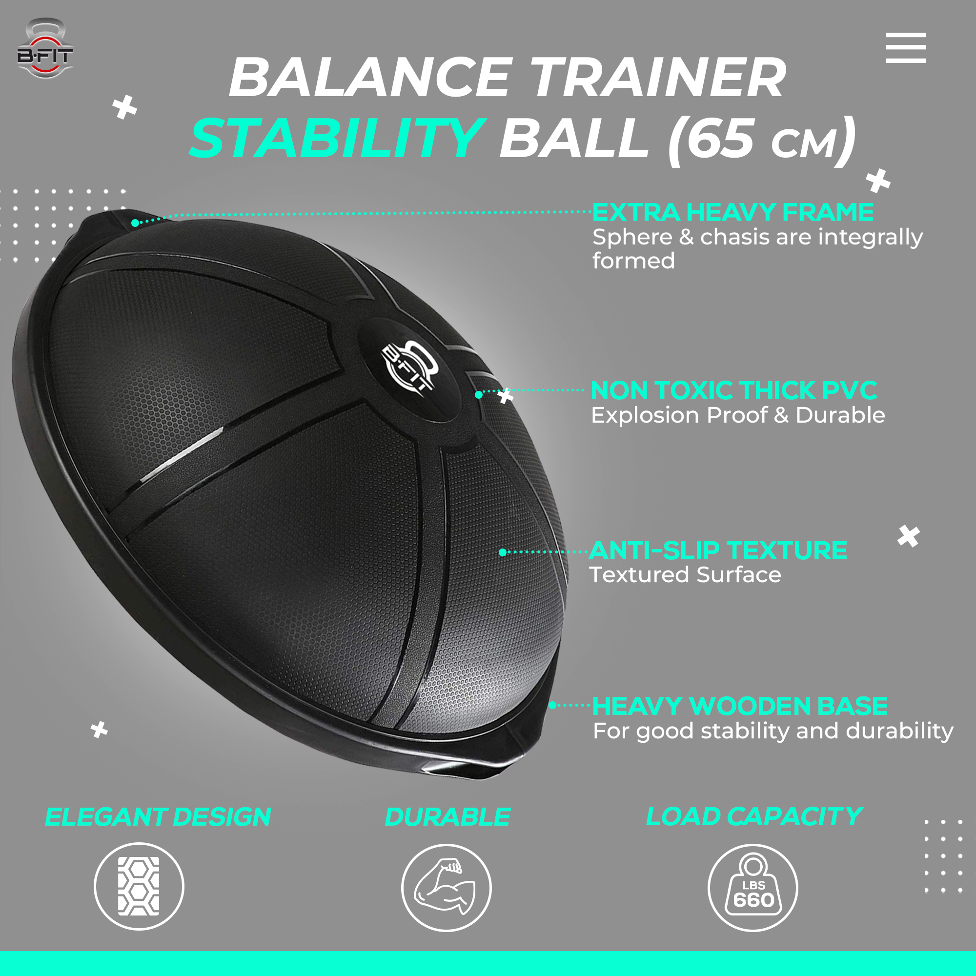 B FIT Balance Trainer Stability Half Ball Bosu Ball Black Color with Pump size 65 Cm