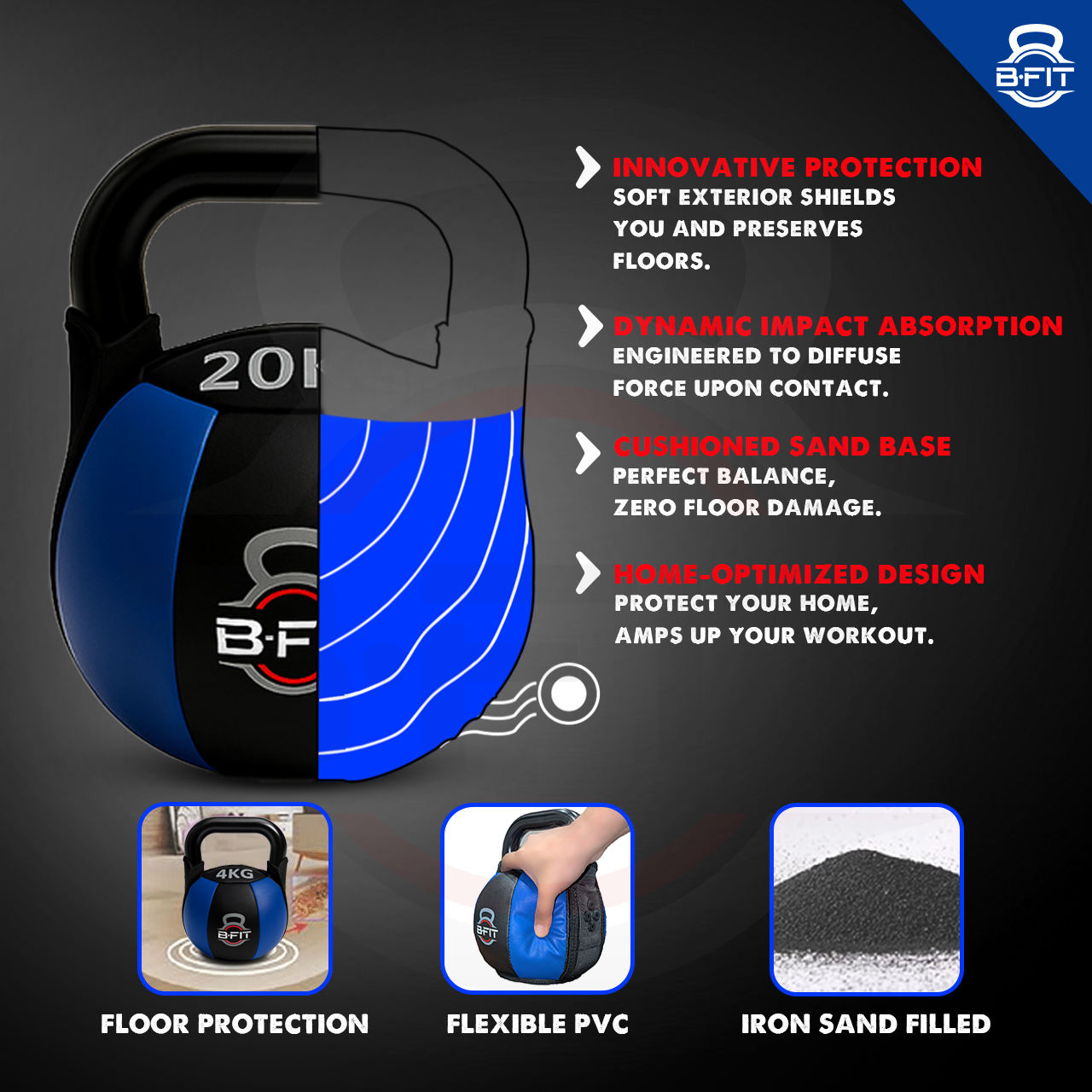 B Fit PU Leather Premium Soft Kettlebell 20 Kg with Handle for Weightlifting Conditioning Strength and core Training