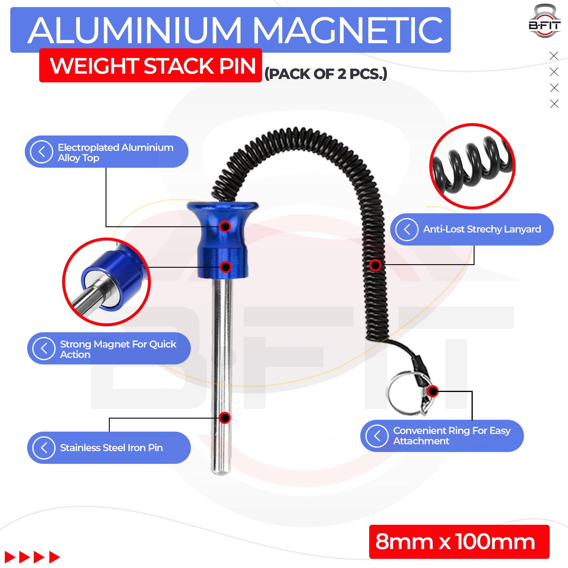B FIT Pack of 2 Pin Tensile - Magnetic Universal Weight Stack Replacement SELECTOR Key - Size Dia 8 MM 100 MM Locking Space