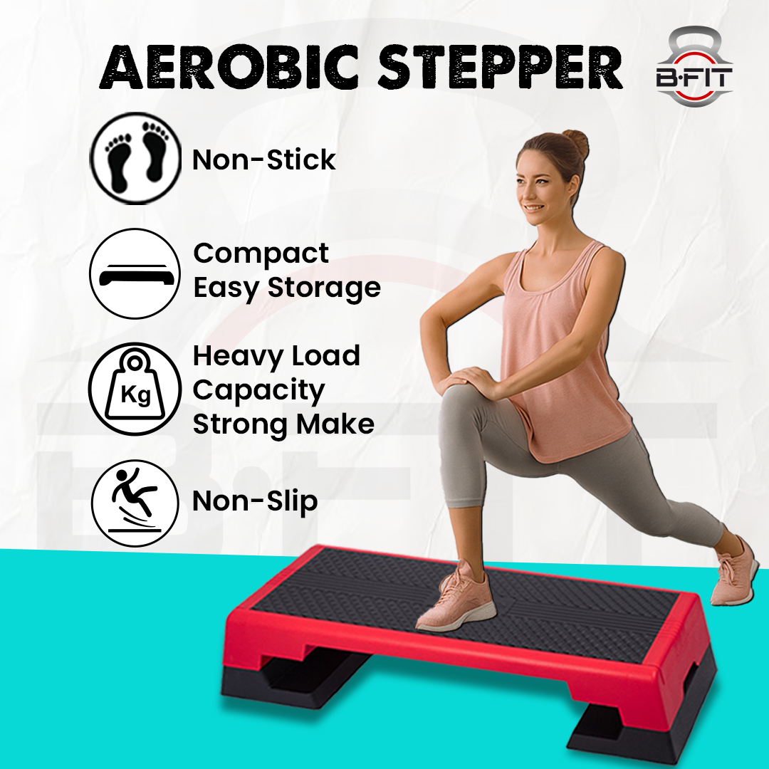 B Fit Multipurpose Commercial Aerobic Strength Training Workout Stepper for Cardio Workout with 3 Height Level Adjustments Anti- Skid Rubber pad on Legs  Anti Slip - Resistant Platform