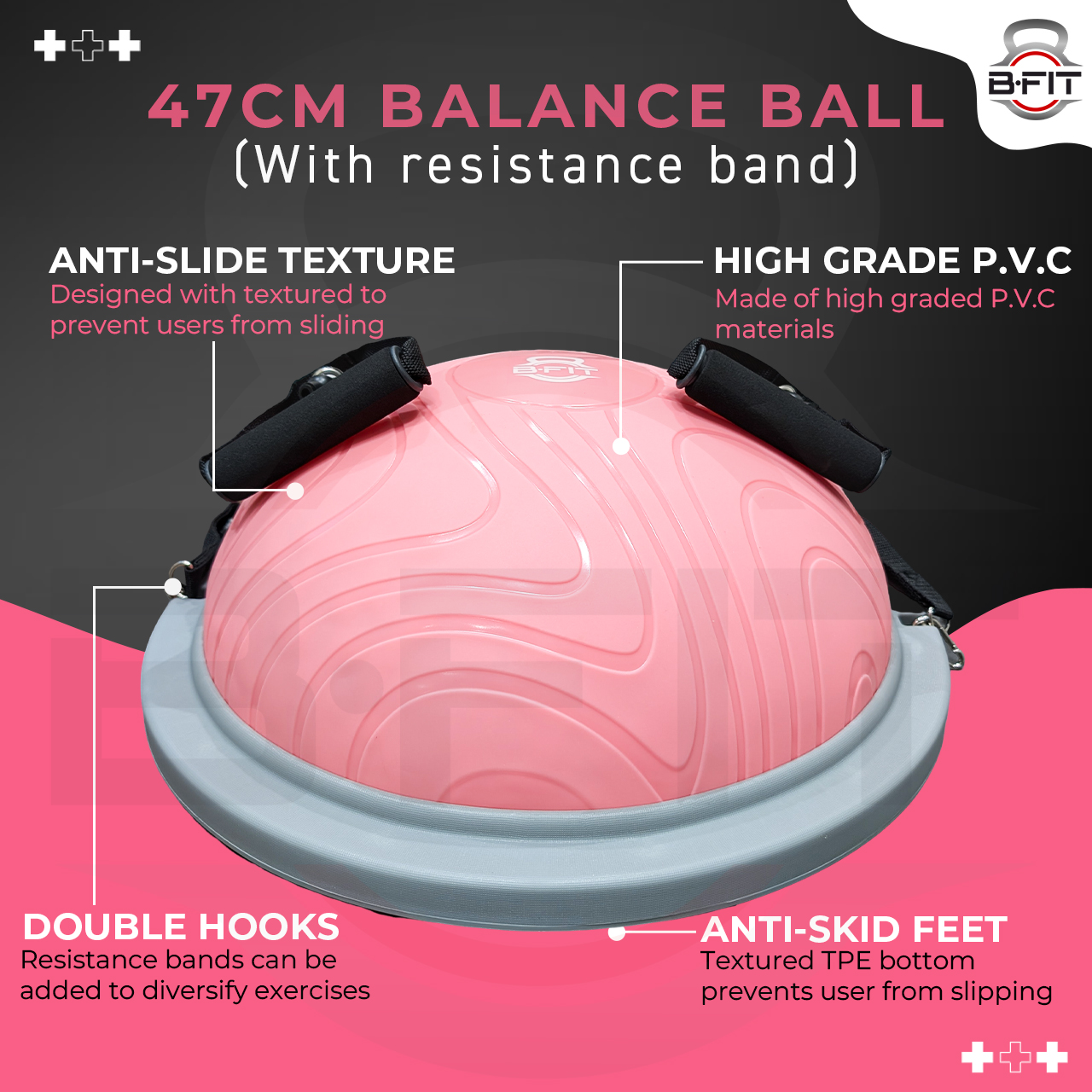 B Fit Balance Trainer Stability Half Ball 47 Cm with Pump - Improve Core and Ab Strength With Full Body Home Gym Workouts Or Fitness Training