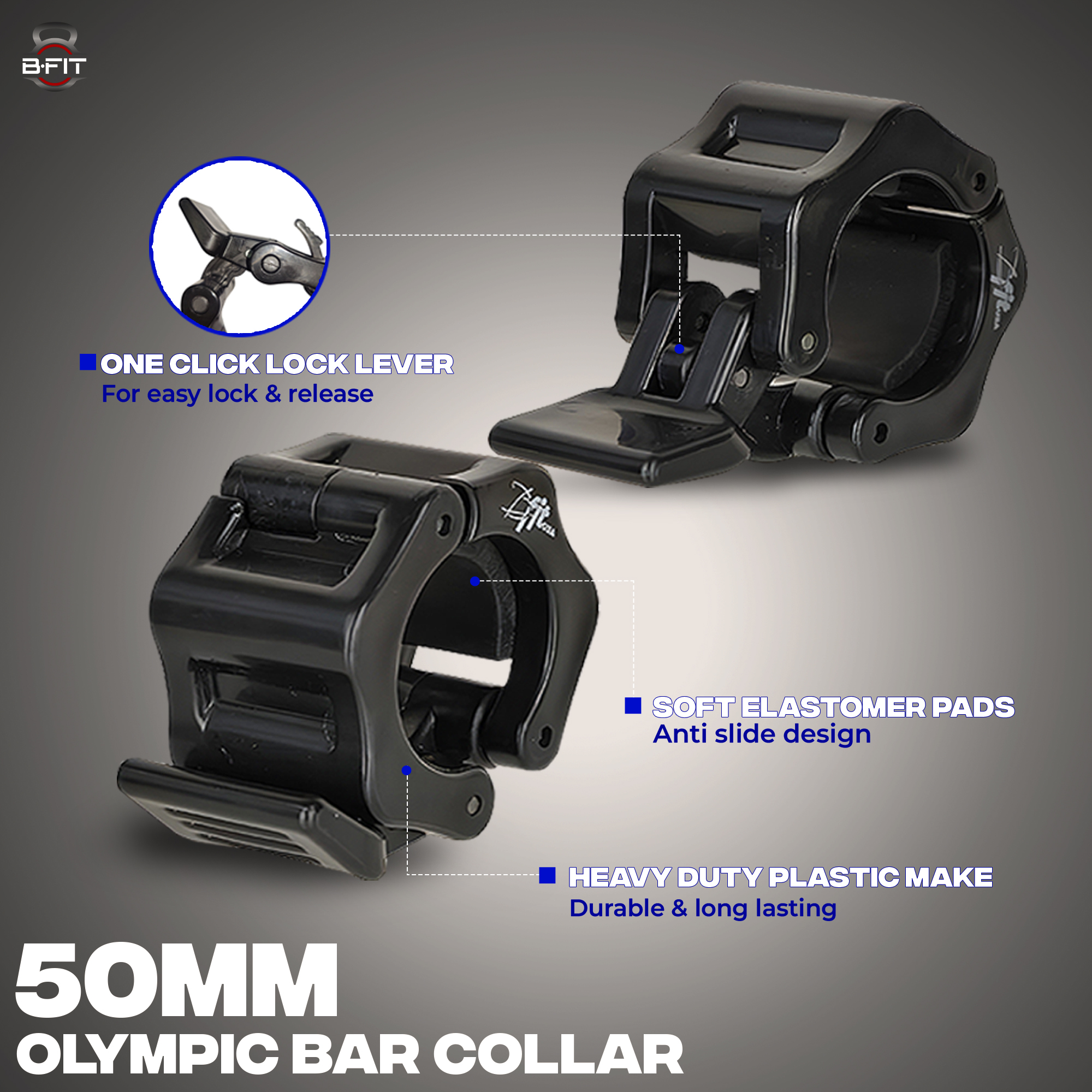 B Fit Olympic Barbell Clamps 2 50 MM Standard Weight Barbell Clips for Quick Release Pair of Locking Heavy Duty Barbell Collars for bar Great for Workout Weightlifting Fitness Training