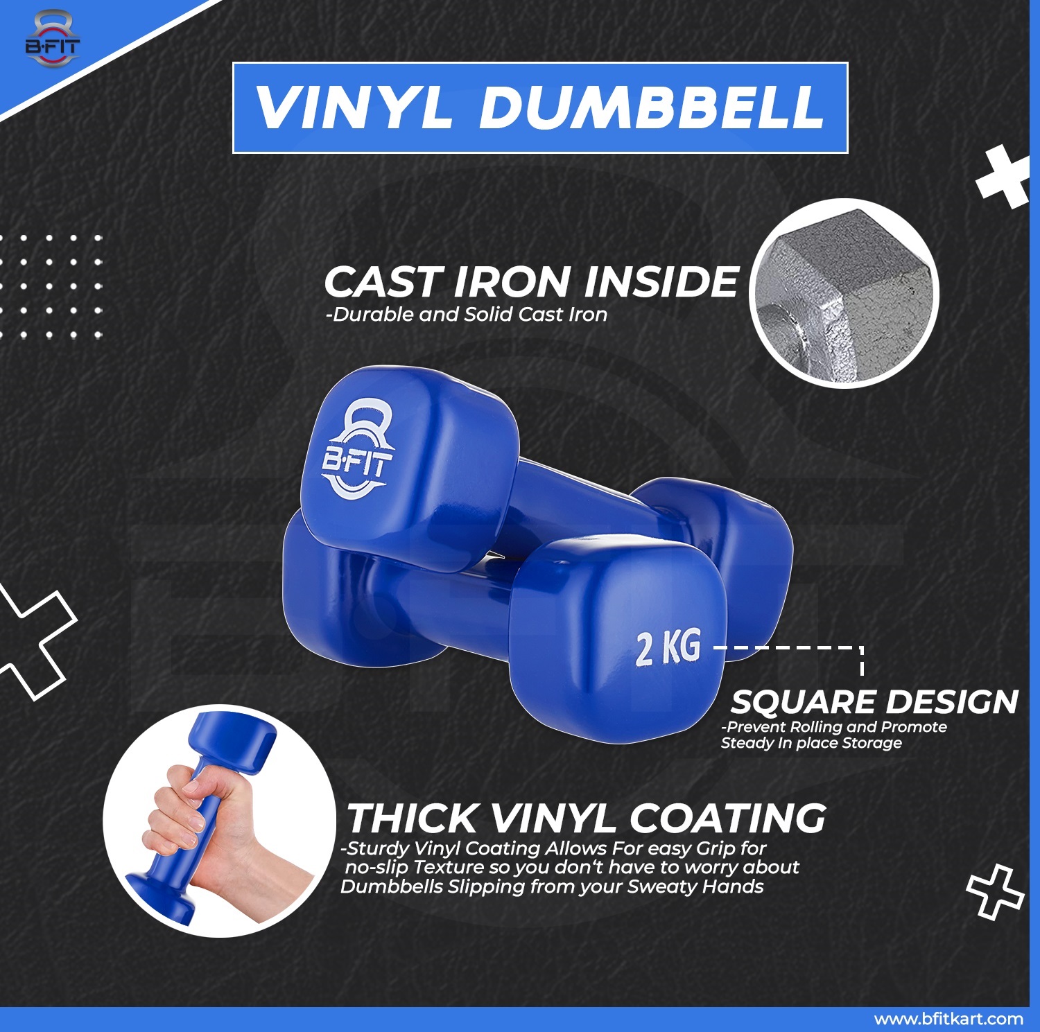 B fit Vinyl Square shape Dumbbell 2 Kg Pair Packing