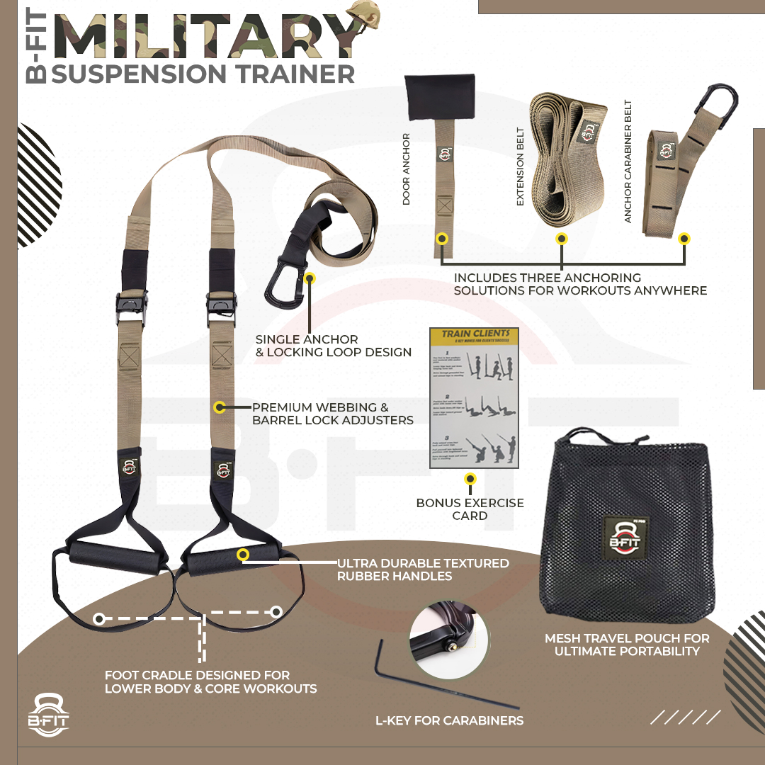 B Fit All-in-One Suspension Trainer - Home-Gym System In Attractive Military Color