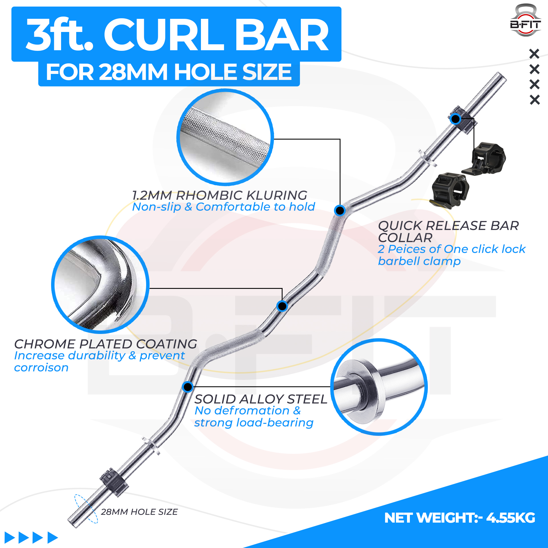 B Fit Weight Lifting EZ Curl Bar 3 Feet Dia 28 MM with Premium Collar pair