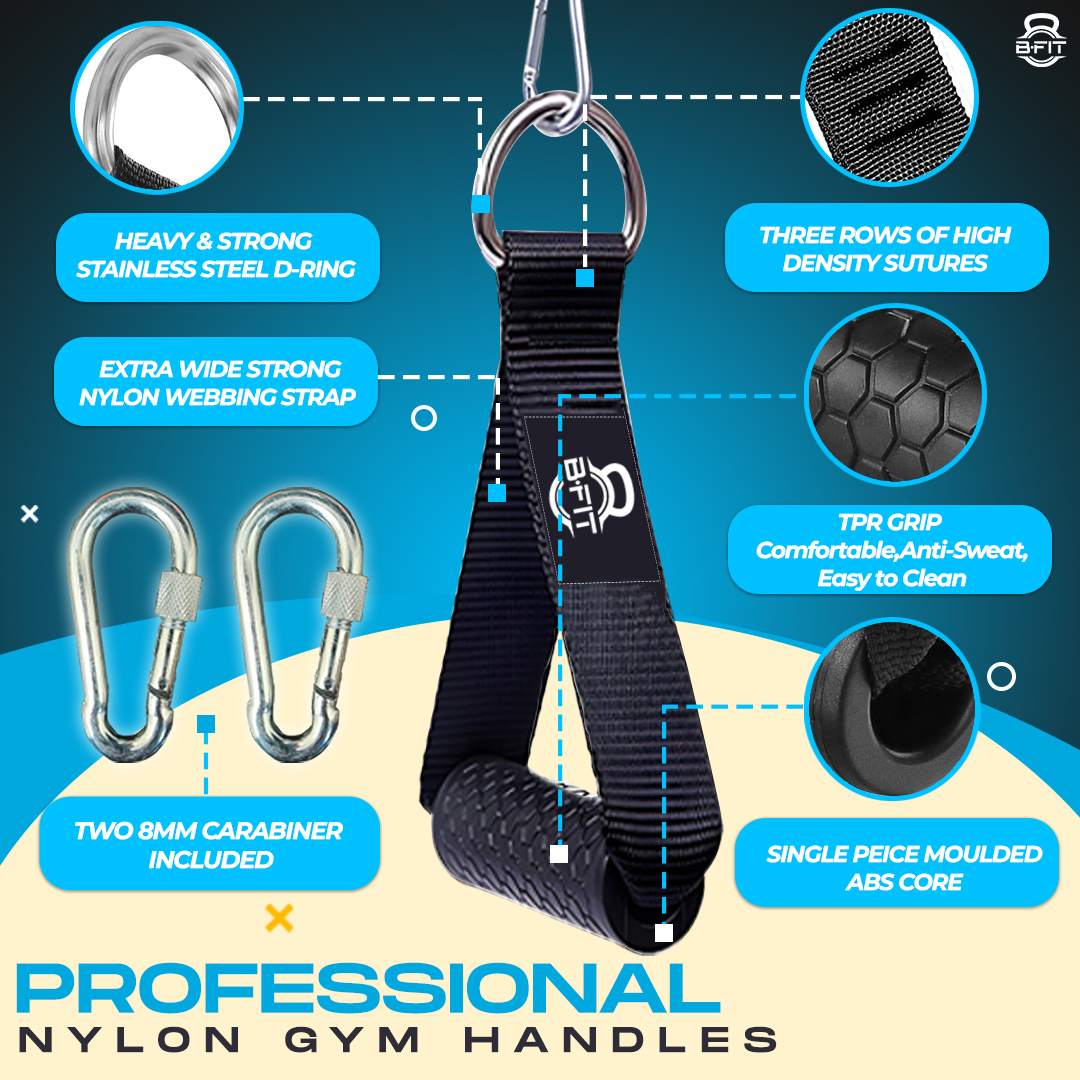 B Fit Heavy Duty Nylon Gym Handle with ABS pipe and snap hooks 8MM Pair