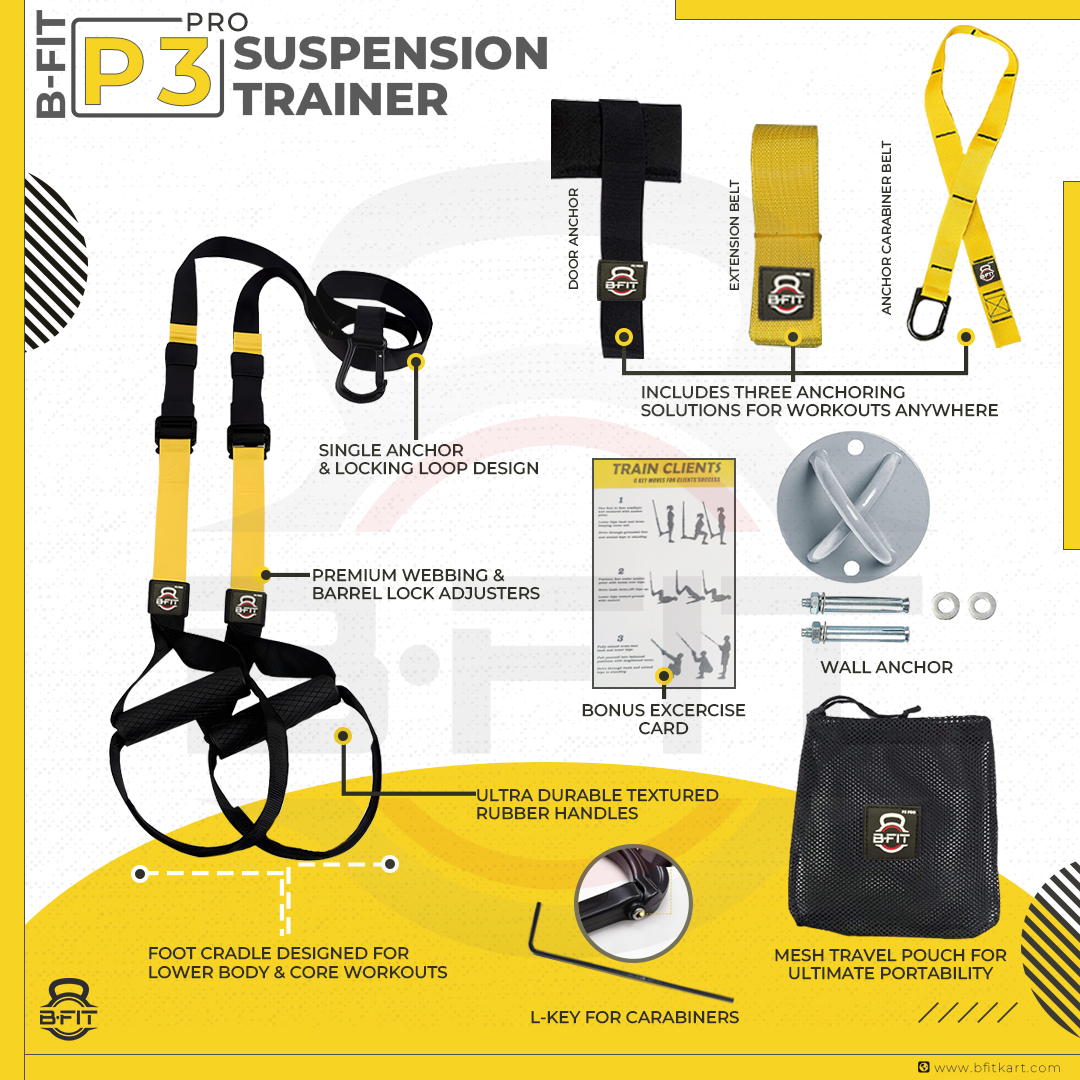 B Fit All-in-One Suspension Trainer - P3 Pro- Home-Gym System Kit with Additional Mount Anchor Bracket
