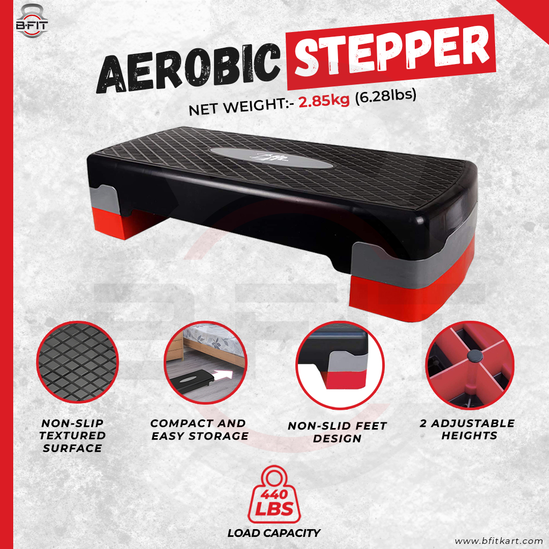 B fit Aerobic Stepper Exercise Step with Adjustable Riser Height and Non Slip Textured Surface Platform Fitness Equipment Workout Deck