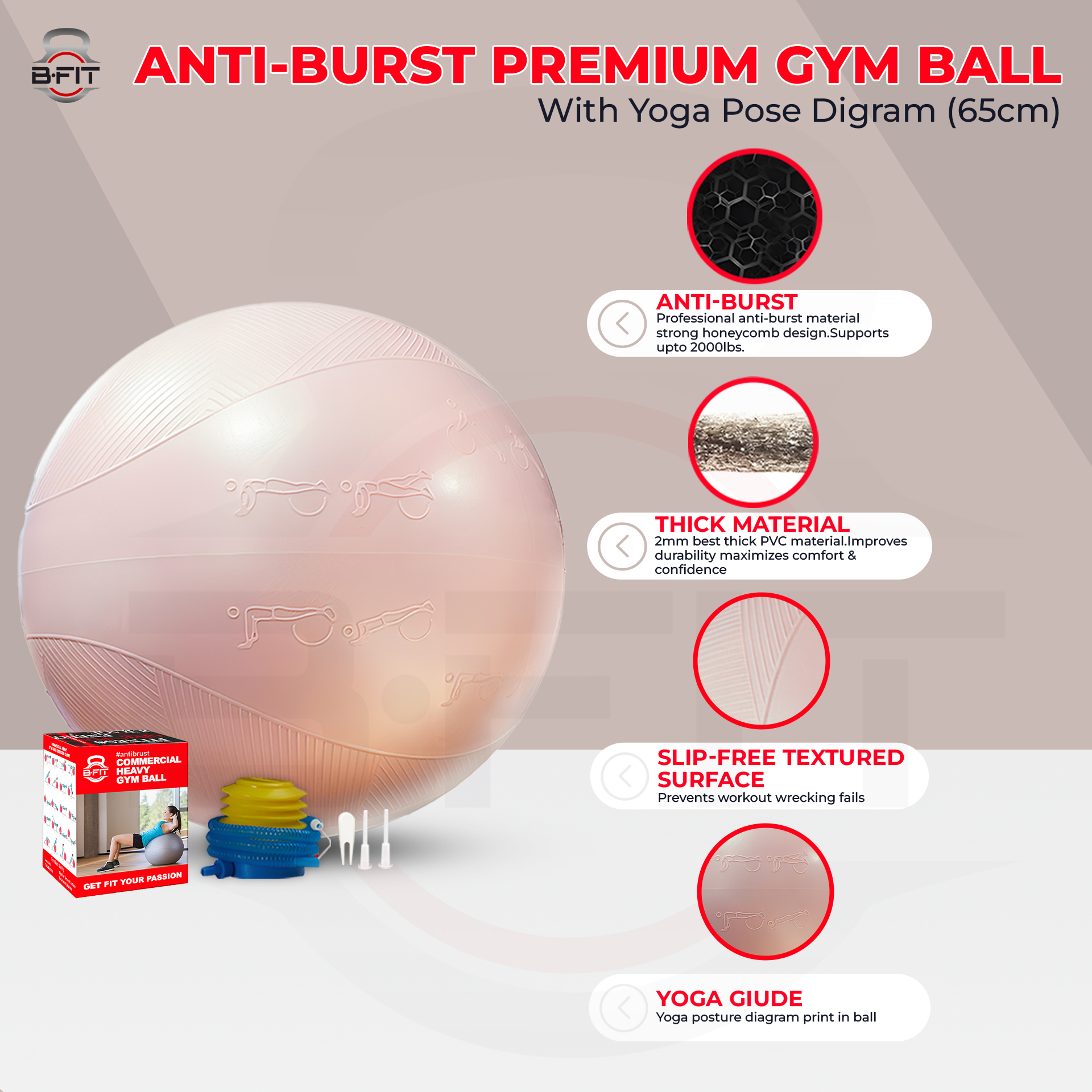 B Fit Exercise Printed Heavy Duty Peach Textured  Commercial Gym Ball 65-75 Cm - Non-Slip Stability Ball - Anti Burst Yoga Ball