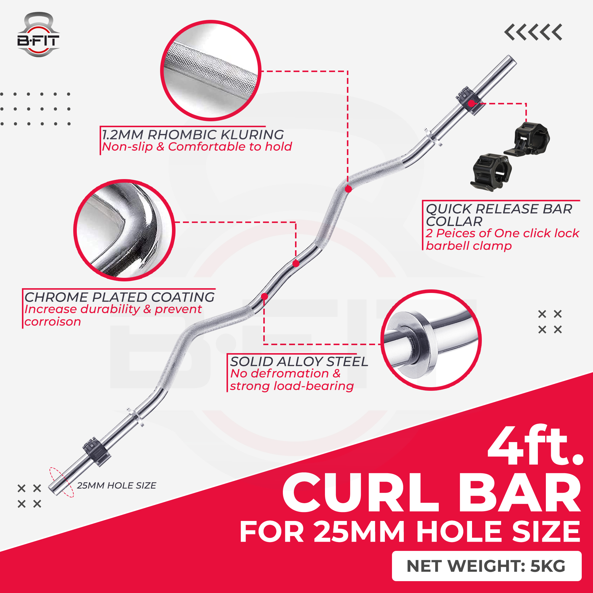 B Fit Weight Lifting EZ Curl Bar 4 Feet Dia 25 MM with Premium Collar pair