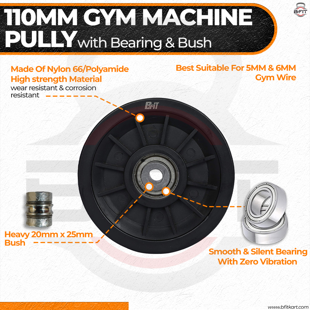 B Fit Gym Pulley 110 MM Black with inbuilt Bearing and Bush Wheel Cable Gym Fitness Equipment Part Set