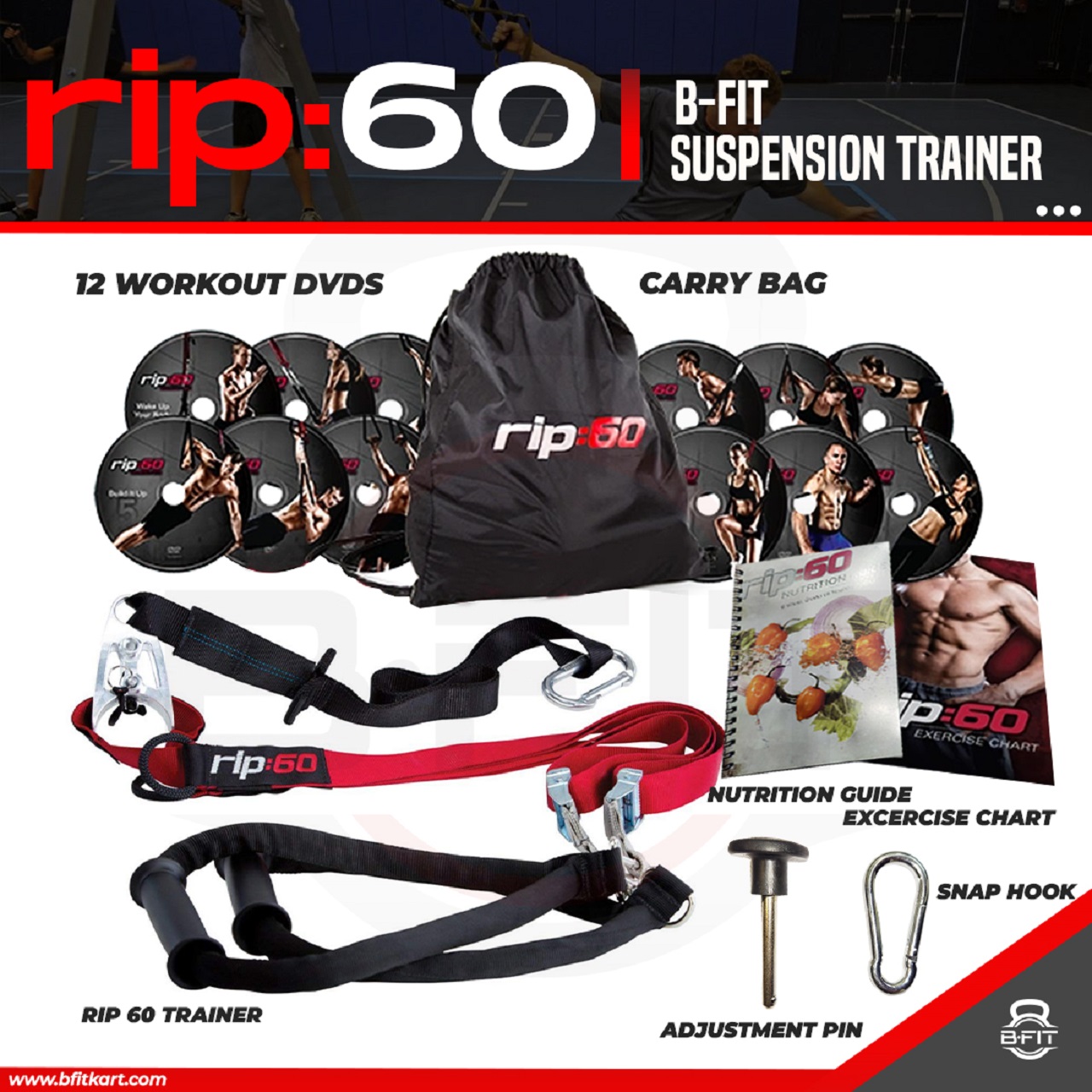 B Fit RIP60 Body-Weight Fitness Resistance Straps Trainer Travel and Working Out Indoors Outdoors with DVDs Set