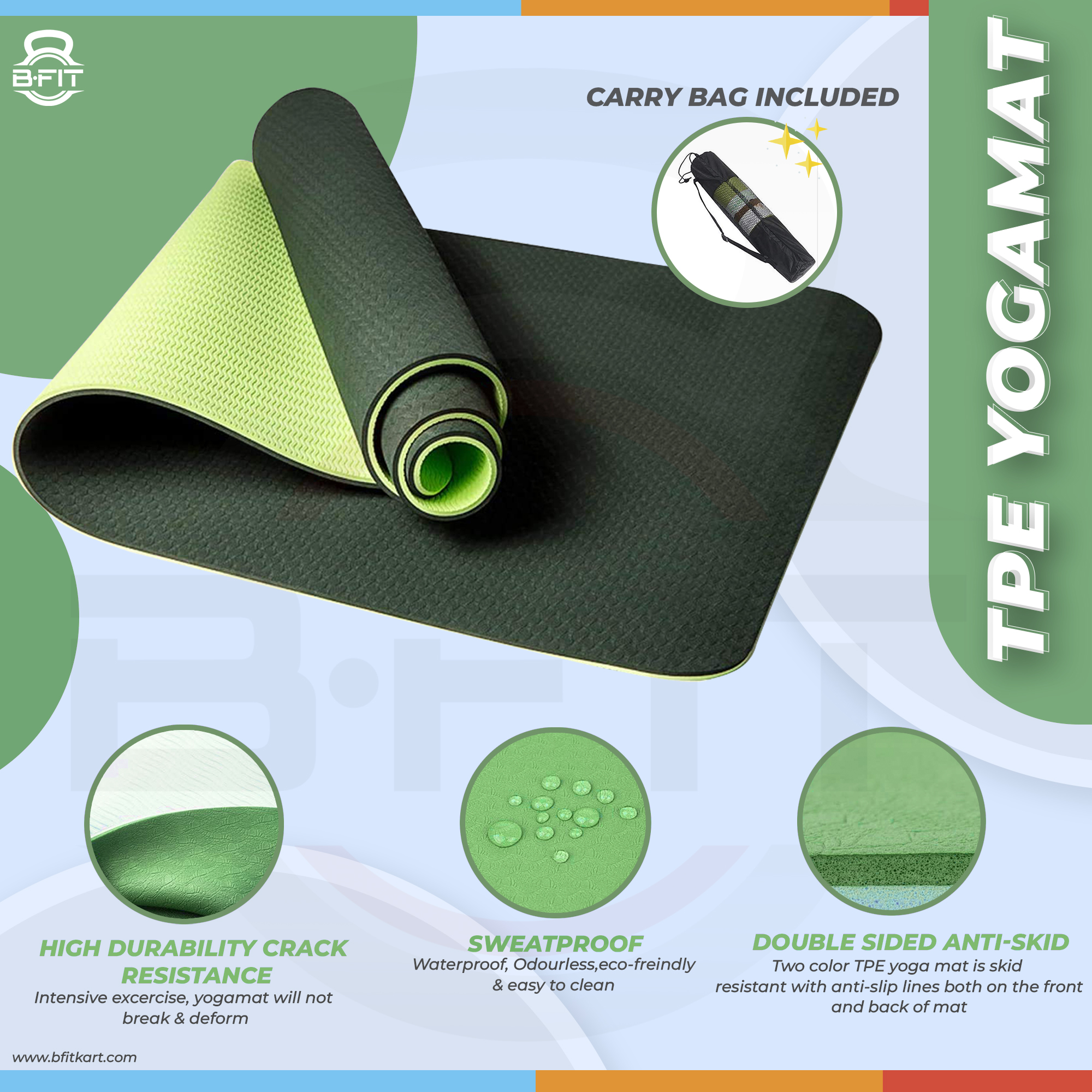 B Fit Premium TPE Yoga Mat Dark Green Color - Classic 6 MM Pro Yoga Mat Eco Friendly Non Slip Fitness Exercise Mat with Smart Carry Bag-Workout Mat for Yoga Pilates and Floor Exercises